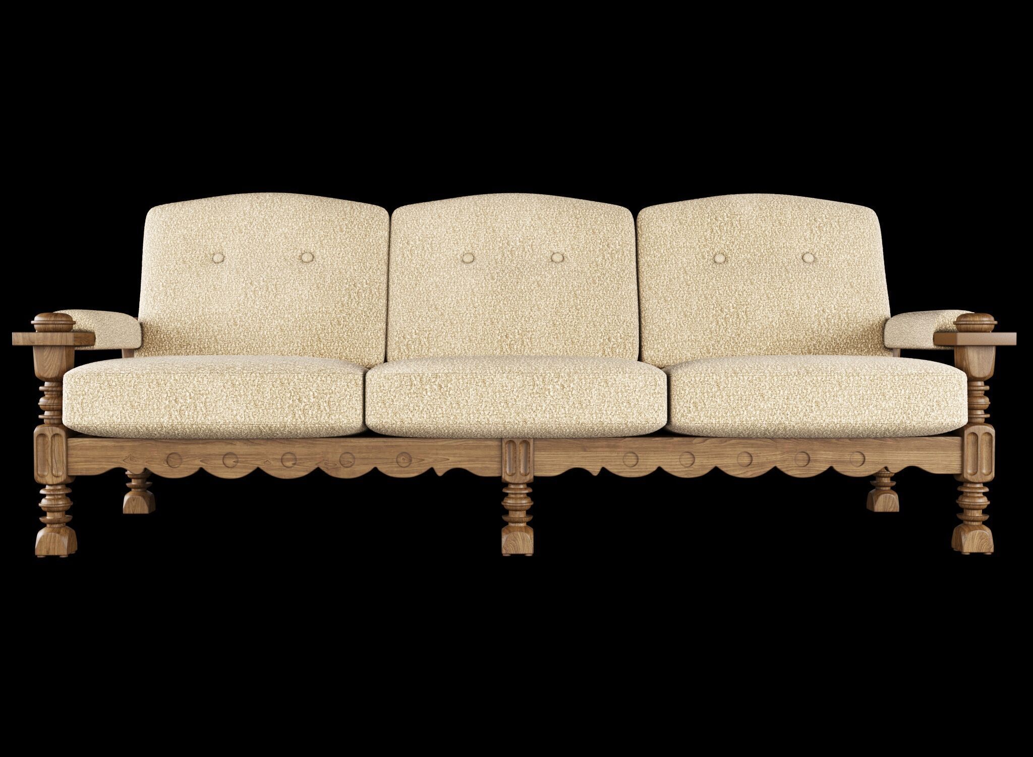 Three Seater Sofa with Carved Oak Frame 3D model_5