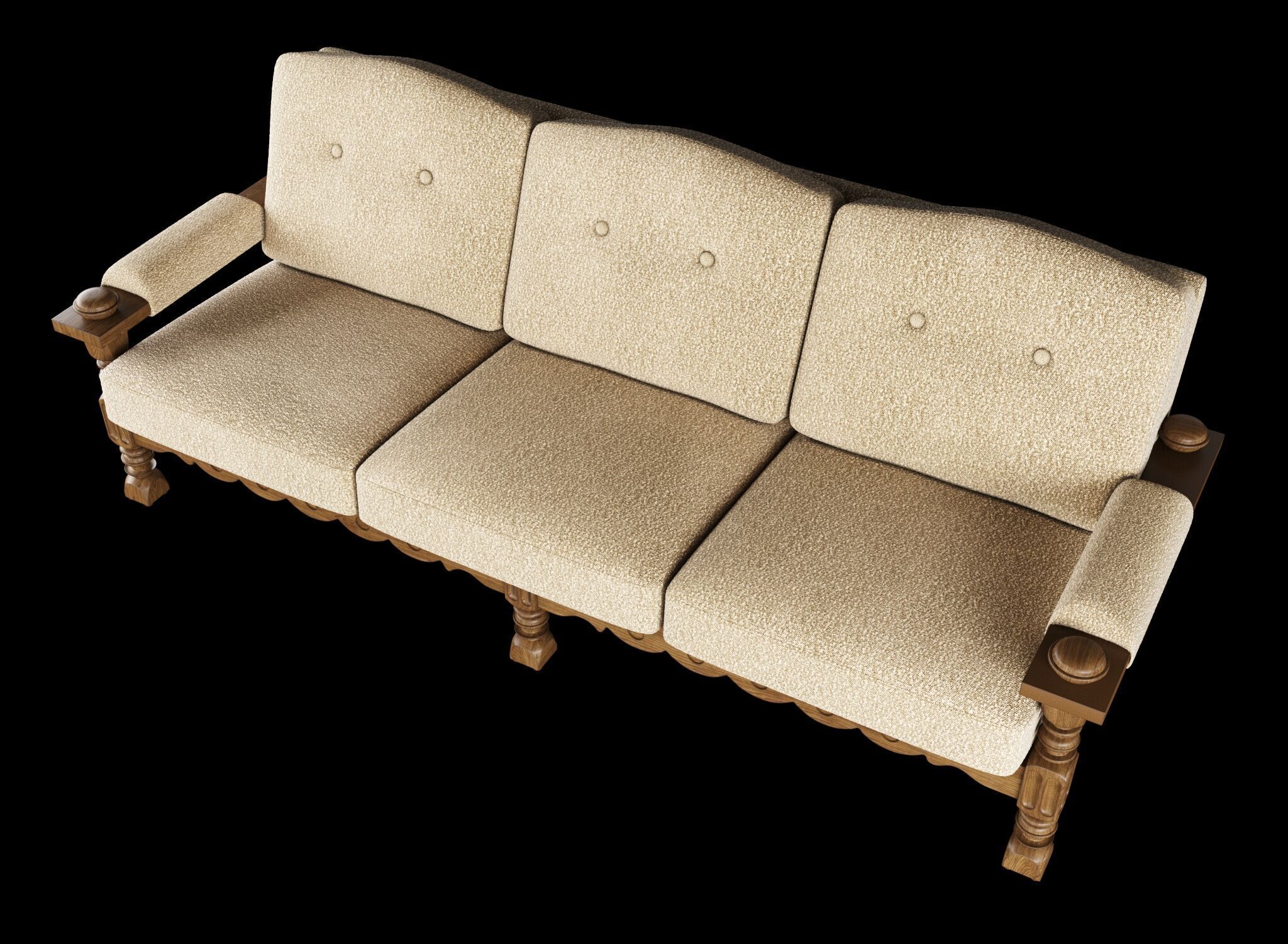 Three Seater Sofa with Carved Oak Frame 3D model_2