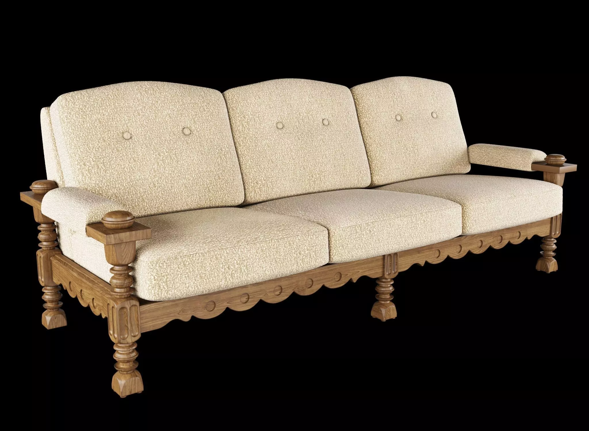 Three Seater Sofa with Carved Oak Frame 3D model_0