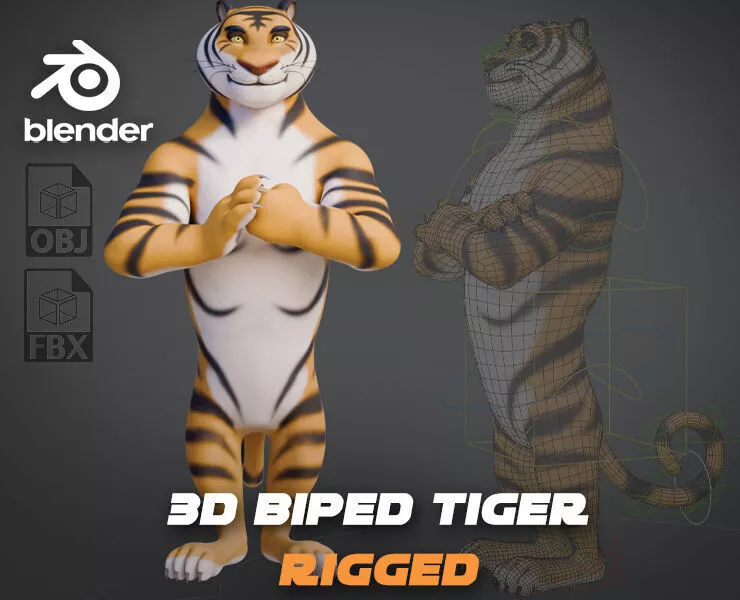 Stylized Biped Tiger - Rigged 3D Character Low-poly 3D model