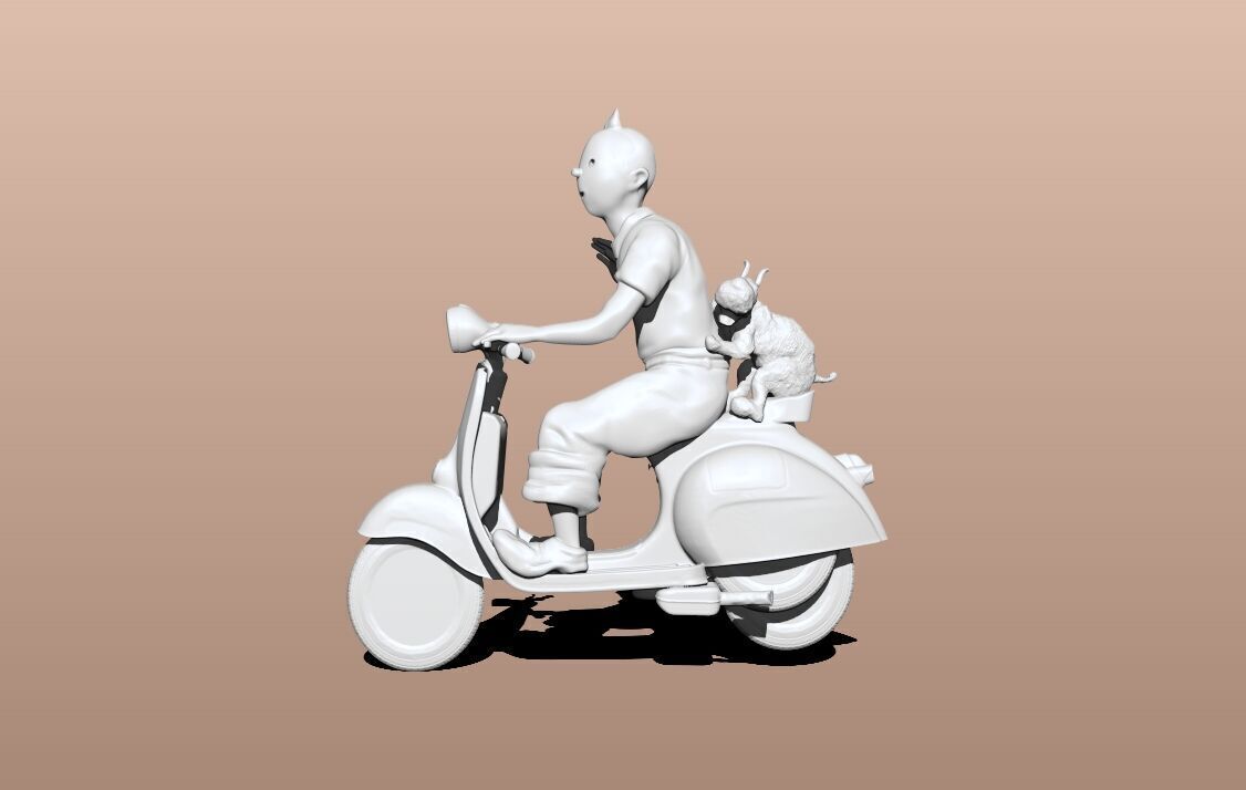 TinTin and milu on a red Vespa 3D print model_8