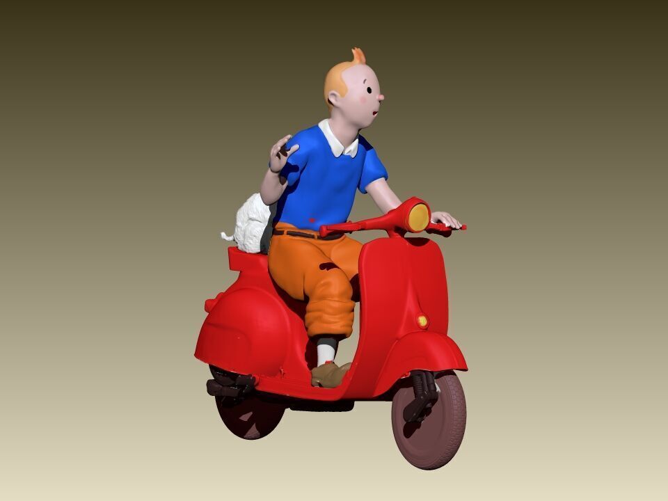 TinTin and milu on a red Vespa 3D print model_2