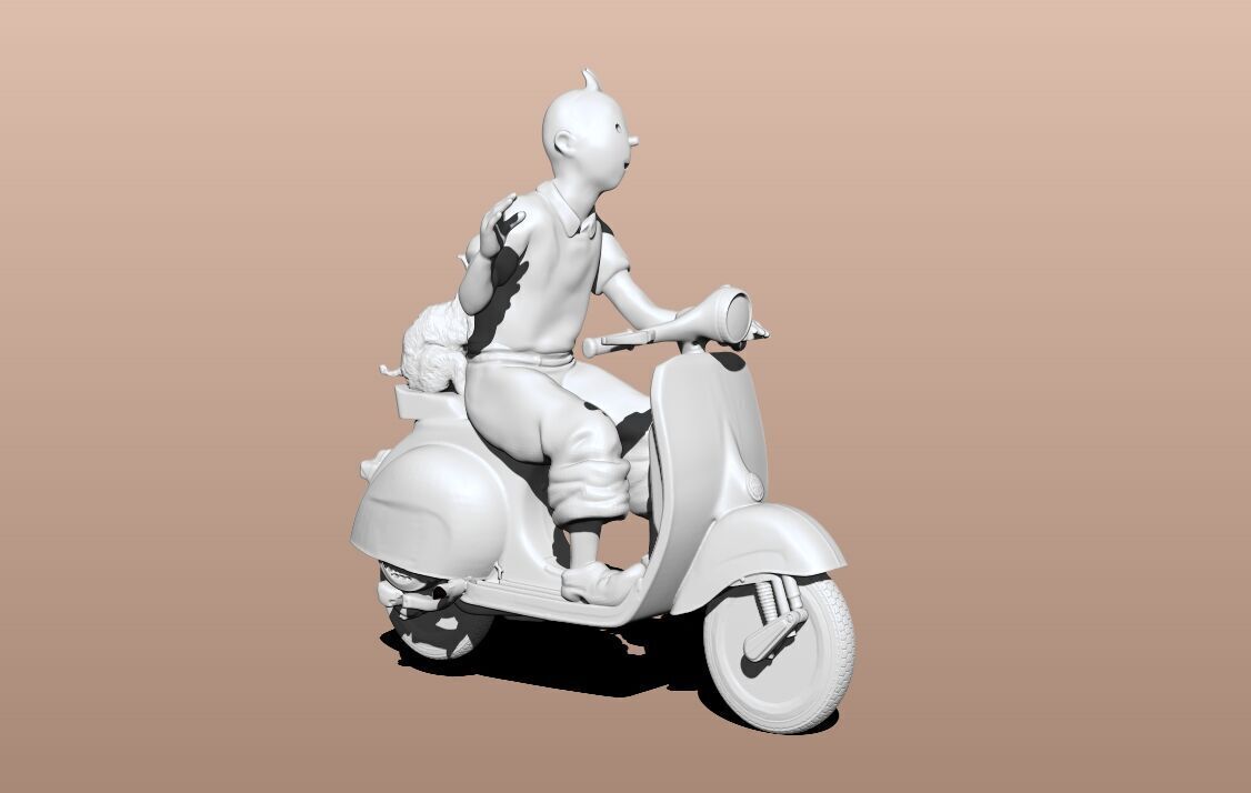TinTin and milu on a red Vespa 3D print model_11