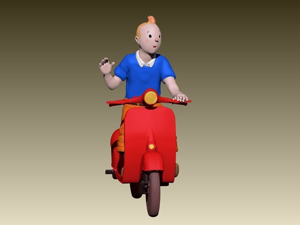 TinTin and milu on a red Vespa 3D print model_1