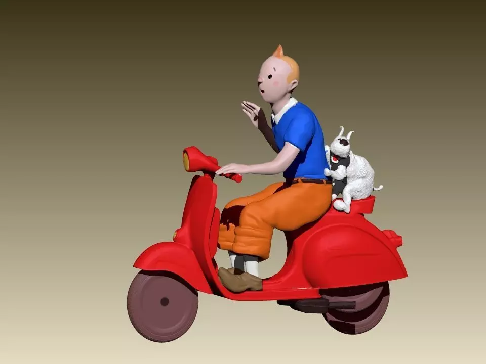 TinTin and milu on a red Vespa 3D print model_0