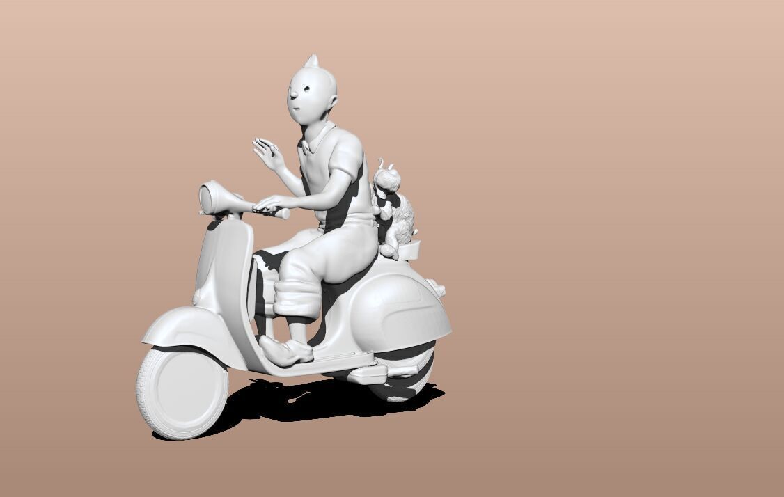 TinTin and milu on a red Vespa 3D print model_7