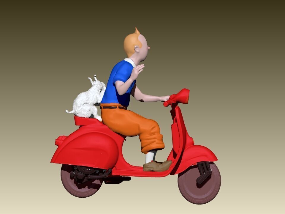 TinTin and milu on a red Vespa 3D print model_3