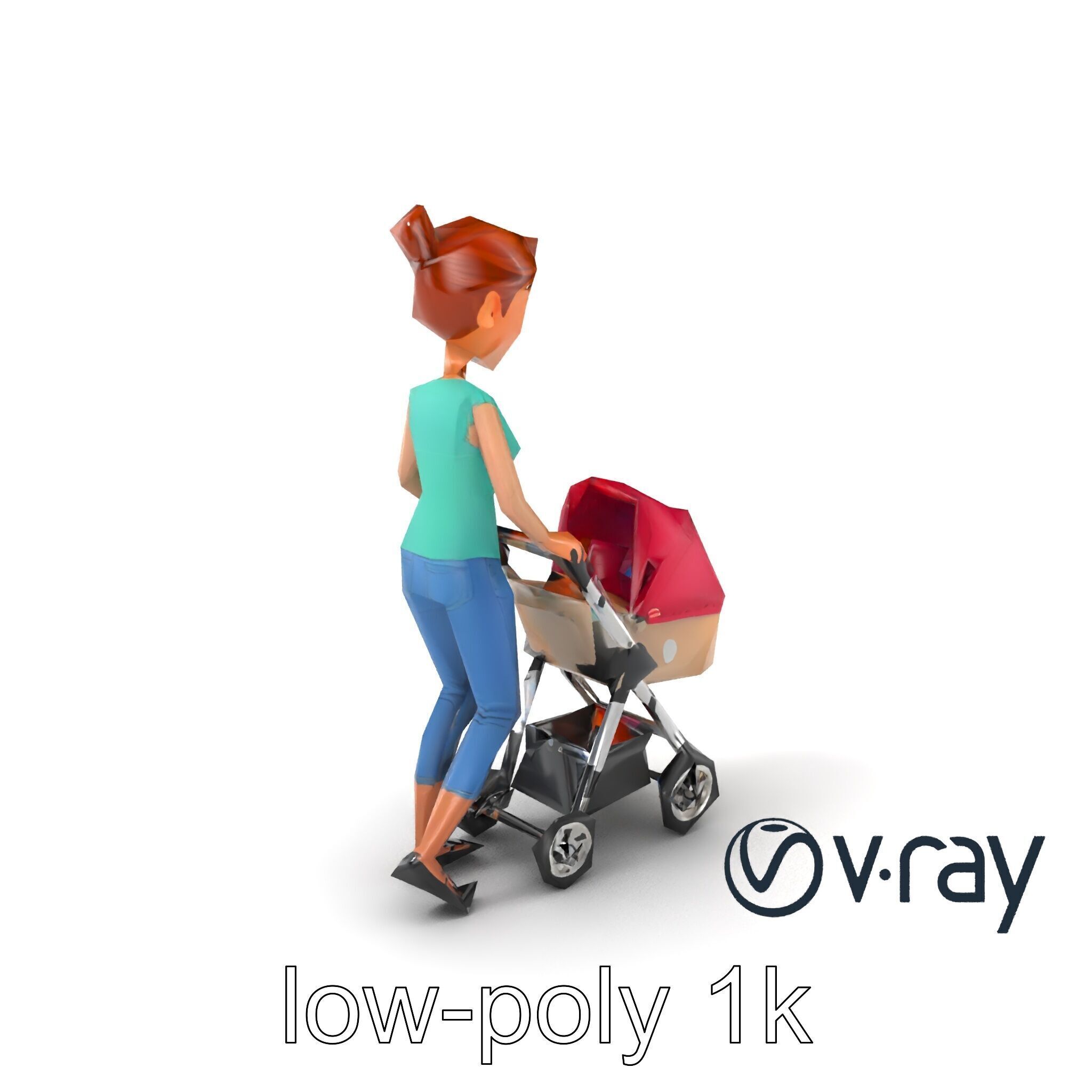 Cartoon Woman with Stroller Character model pack Low-poly 3D model_2