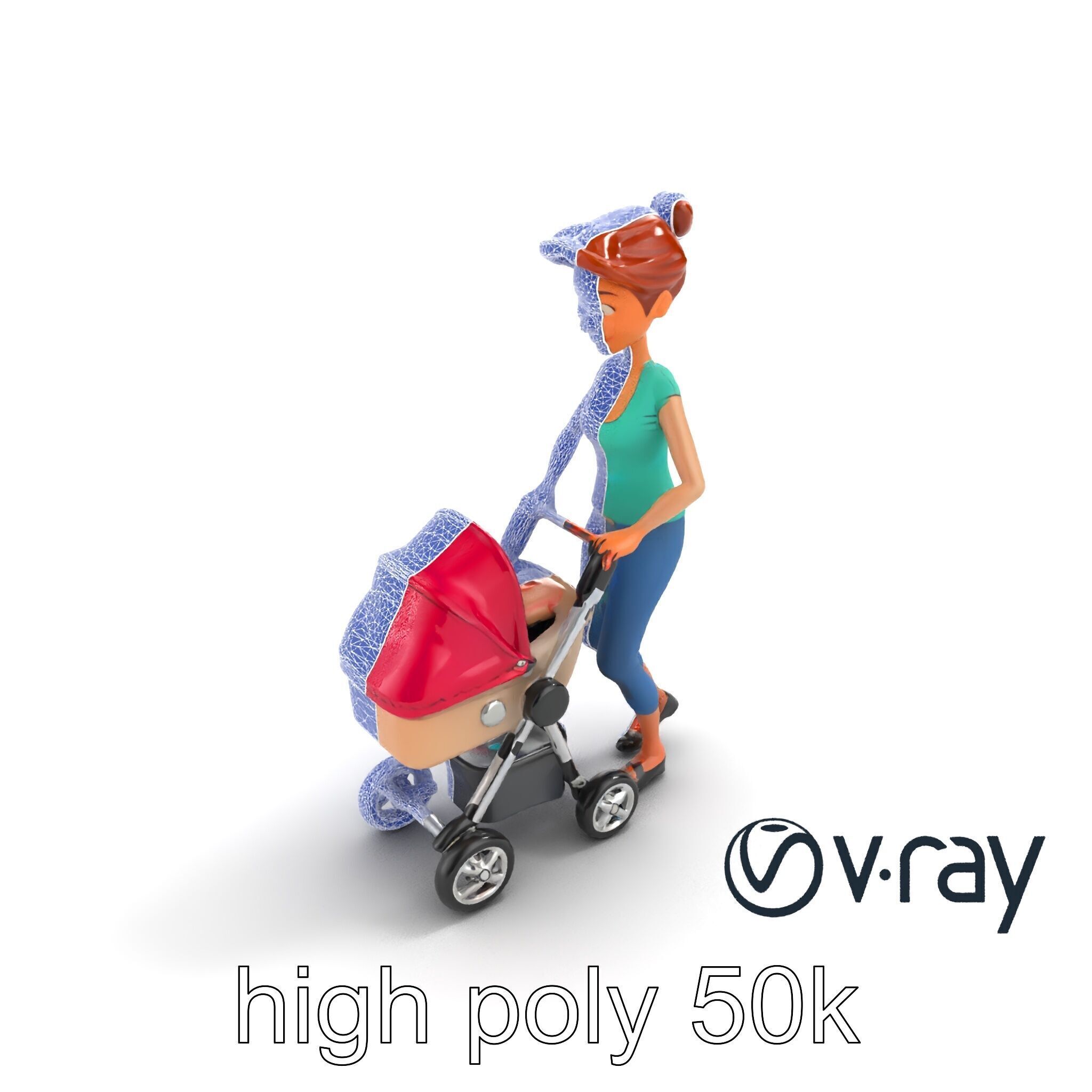 Cartoon Woman with Stroller Character model pack Low-poly 3D model_16
