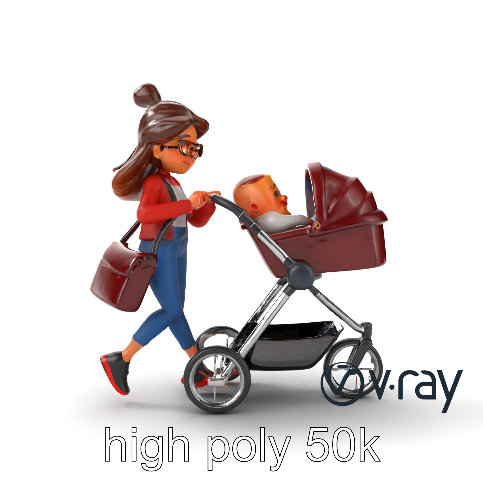 Cartoon Mother and Baby Stroller Character model pack Low-poly 3D model_9