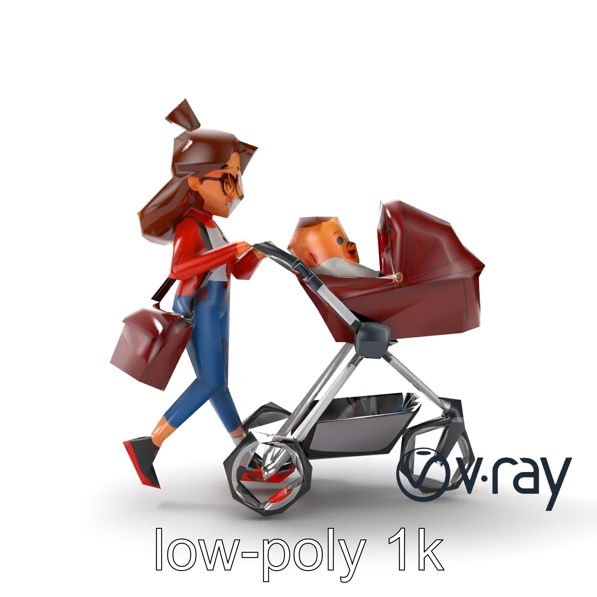Cartoon Mother and Baby Stroller Character model pack Low-poly 3D model_17