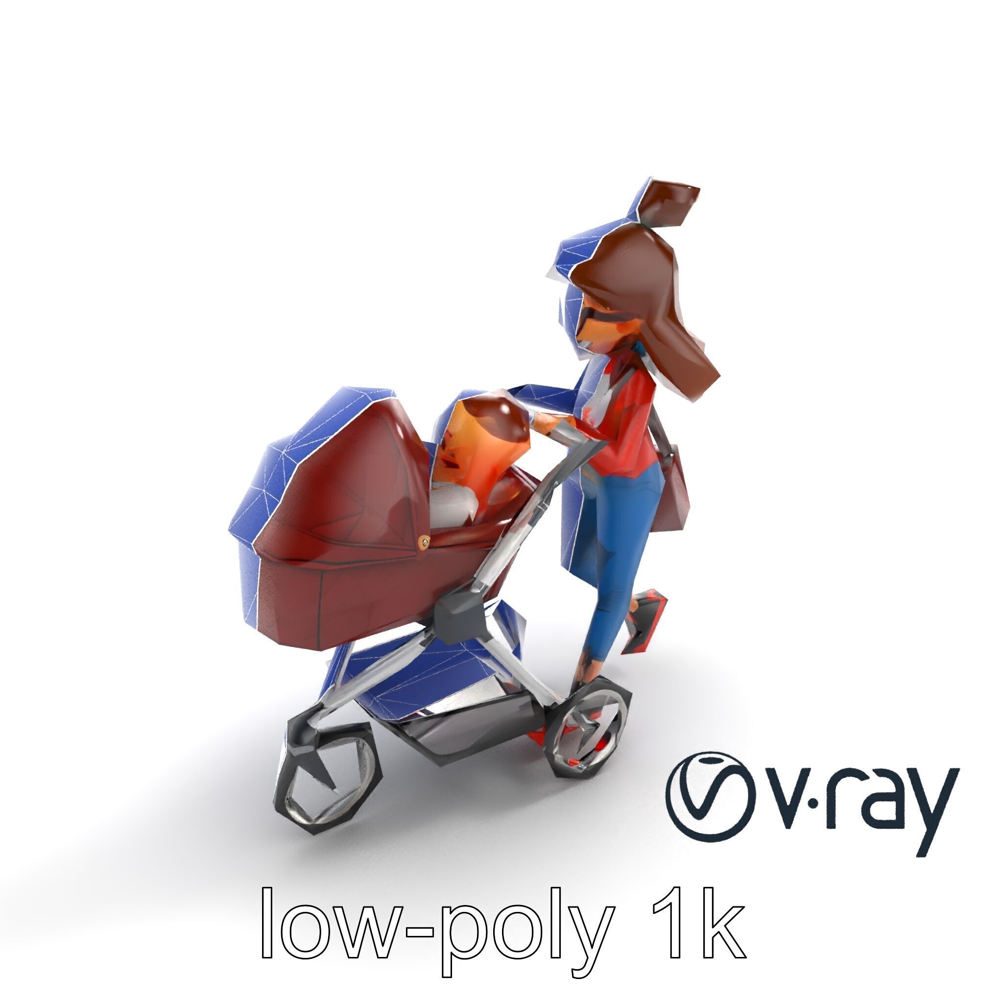 Cartoon Mother and Baby Stroller Character model pack Low-poly 3D model_20