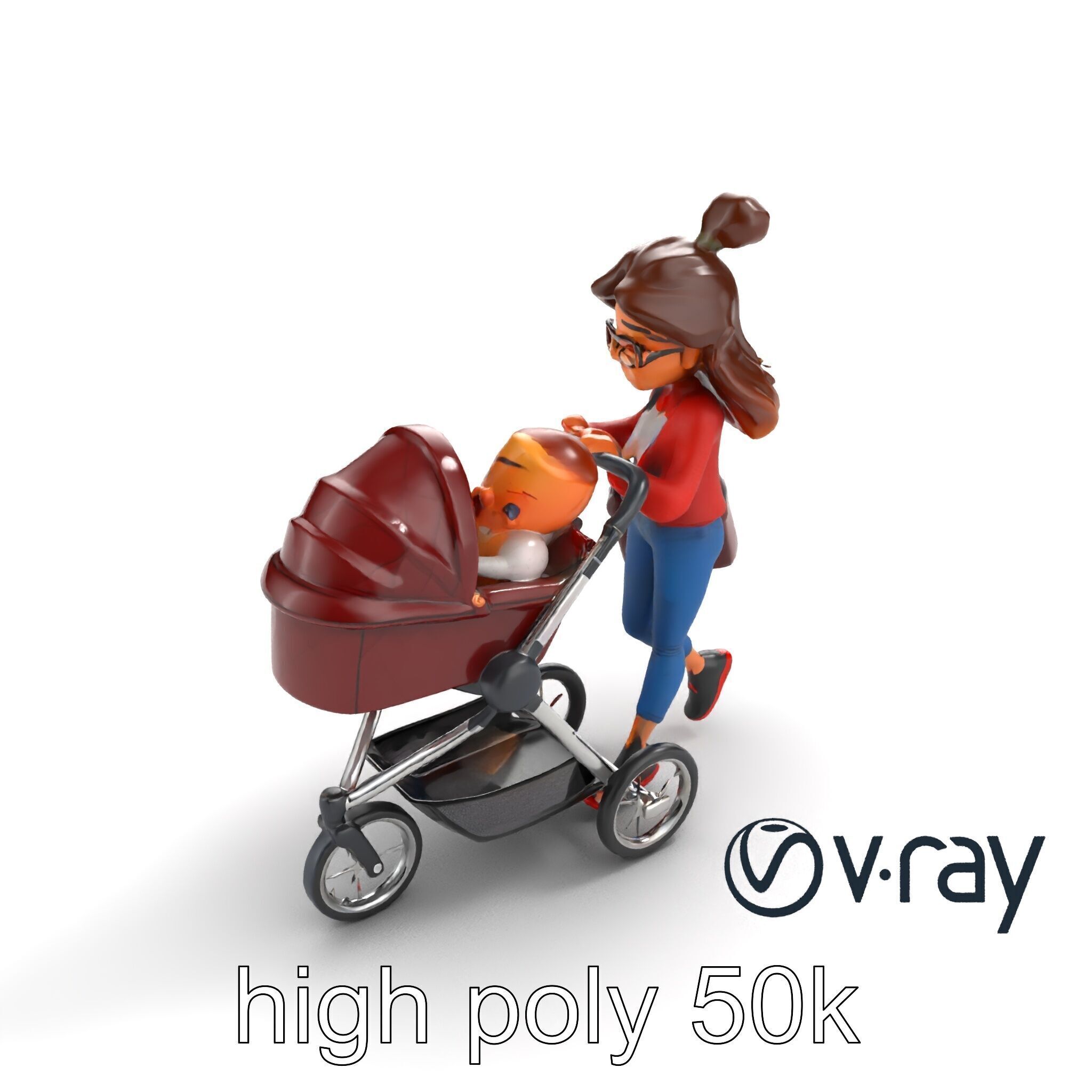 Cartoon Mother and Baby Stroller Character model pack Low-poly 3D model_21