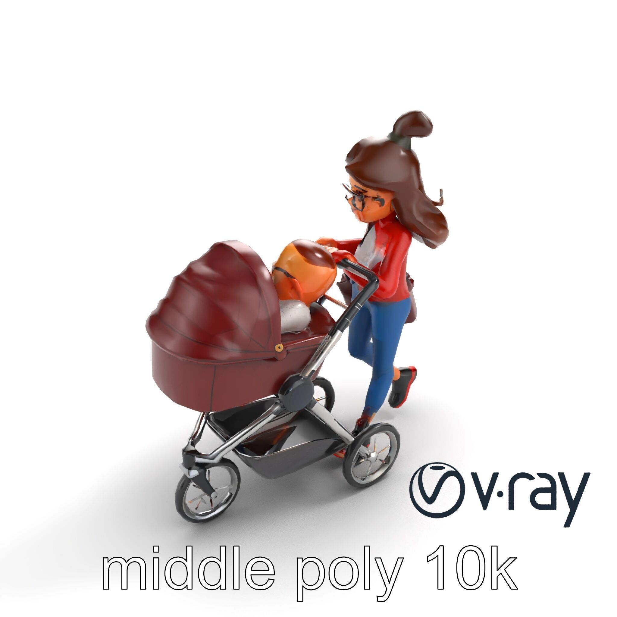 Cartoon Mother and Baby Stroller Character model pack Low-poly 3D model_4