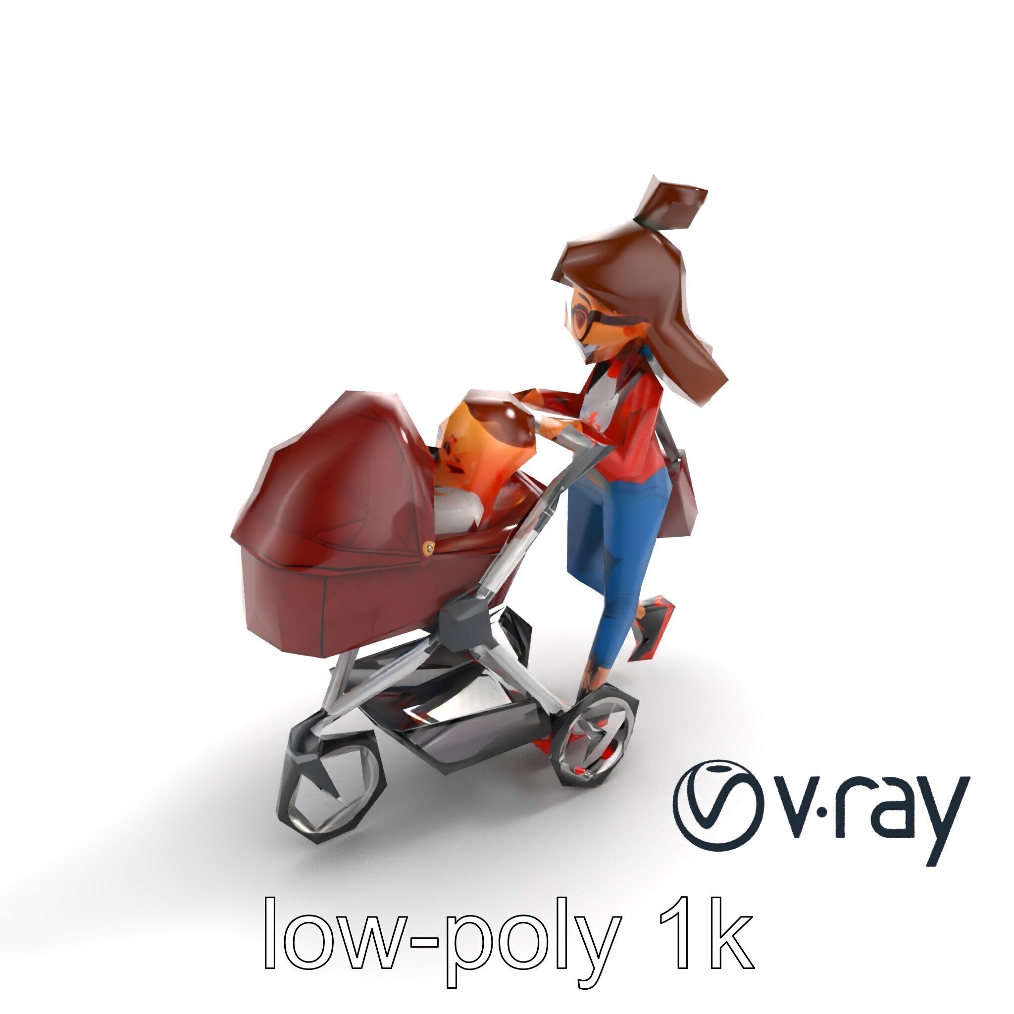 Cartoon Mother and Baby Stroller Character model pack Low-poly 3D model_5