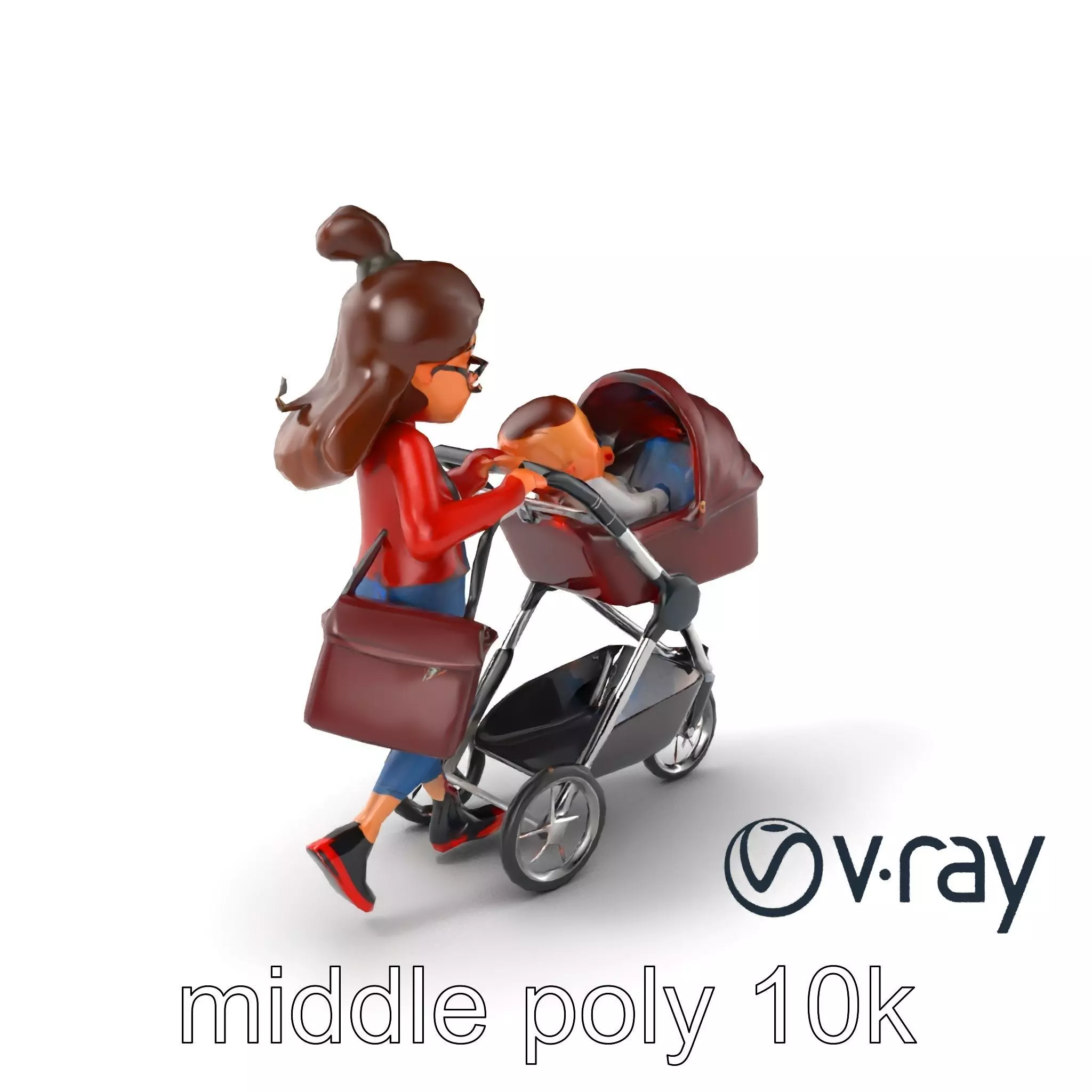 Cartoon Mother and Baby Stroller Character model pack Low-poly 3D model_0