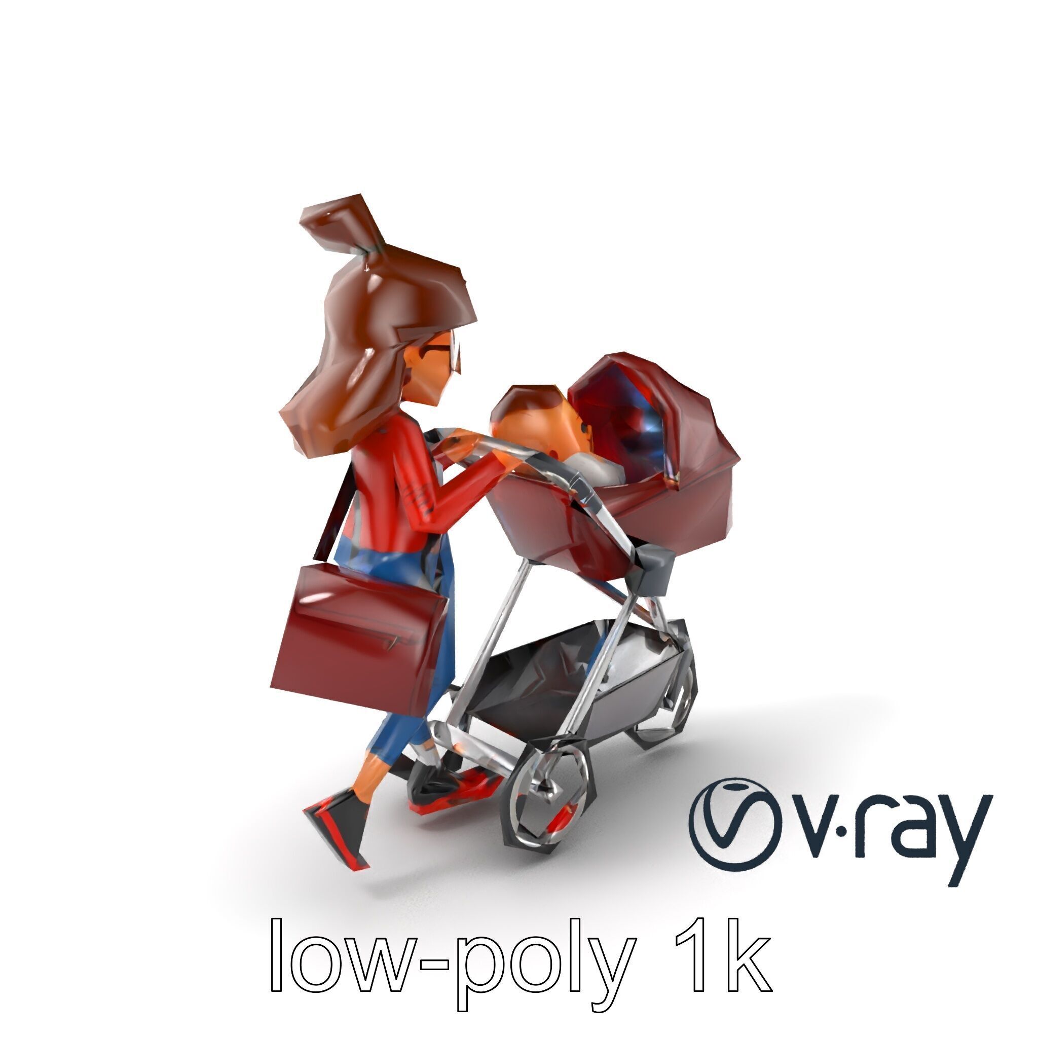 Cartoon Mother and Baby Stroller Character model pack Low-poly 3D model_2
