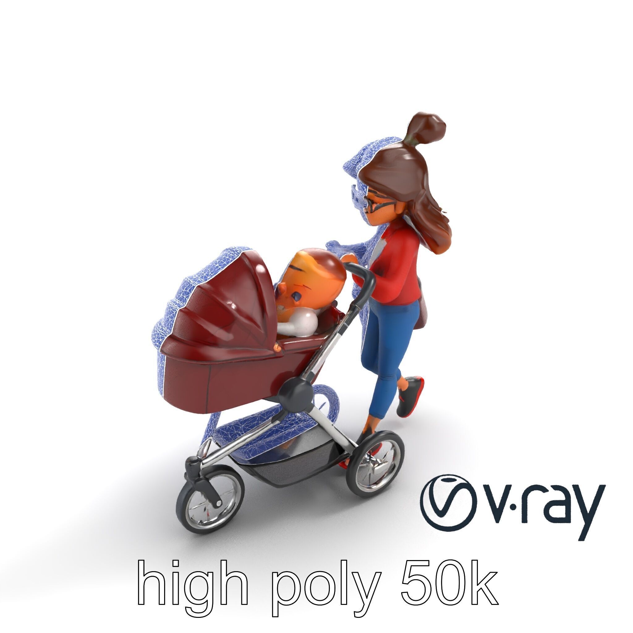 Cartoon Mother and Baby Stroller Character model pack Low-poly 3D model_22