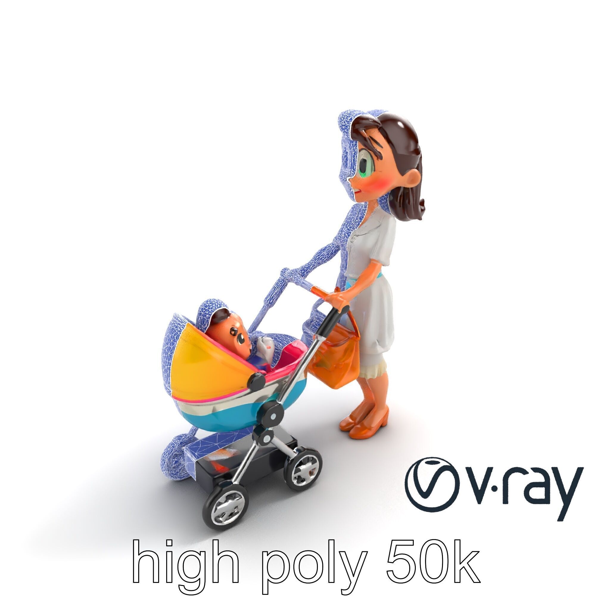 Stylized Woman and Baby with Colorful Stroller model pack Low-poly 3D model_29