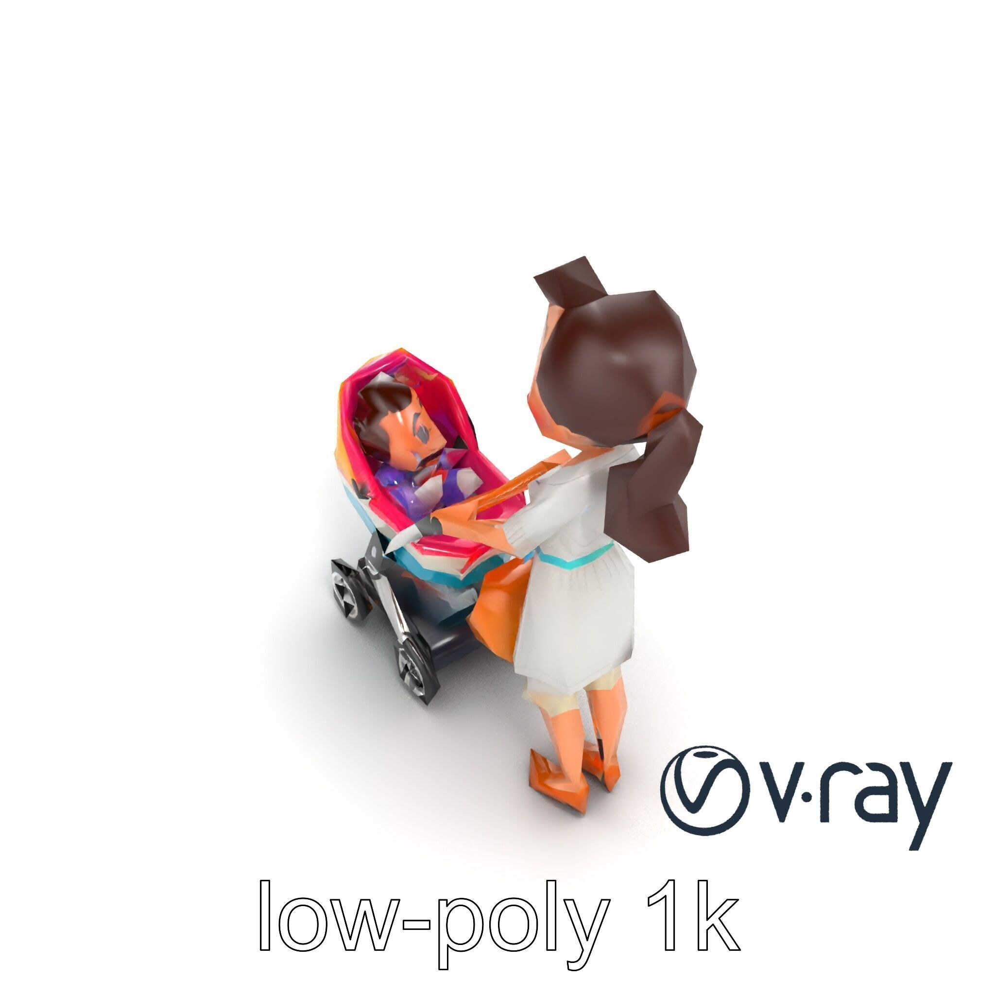 Stylized Woman and Baby with Colorful Stroller model pack Low-poly 3D model_13