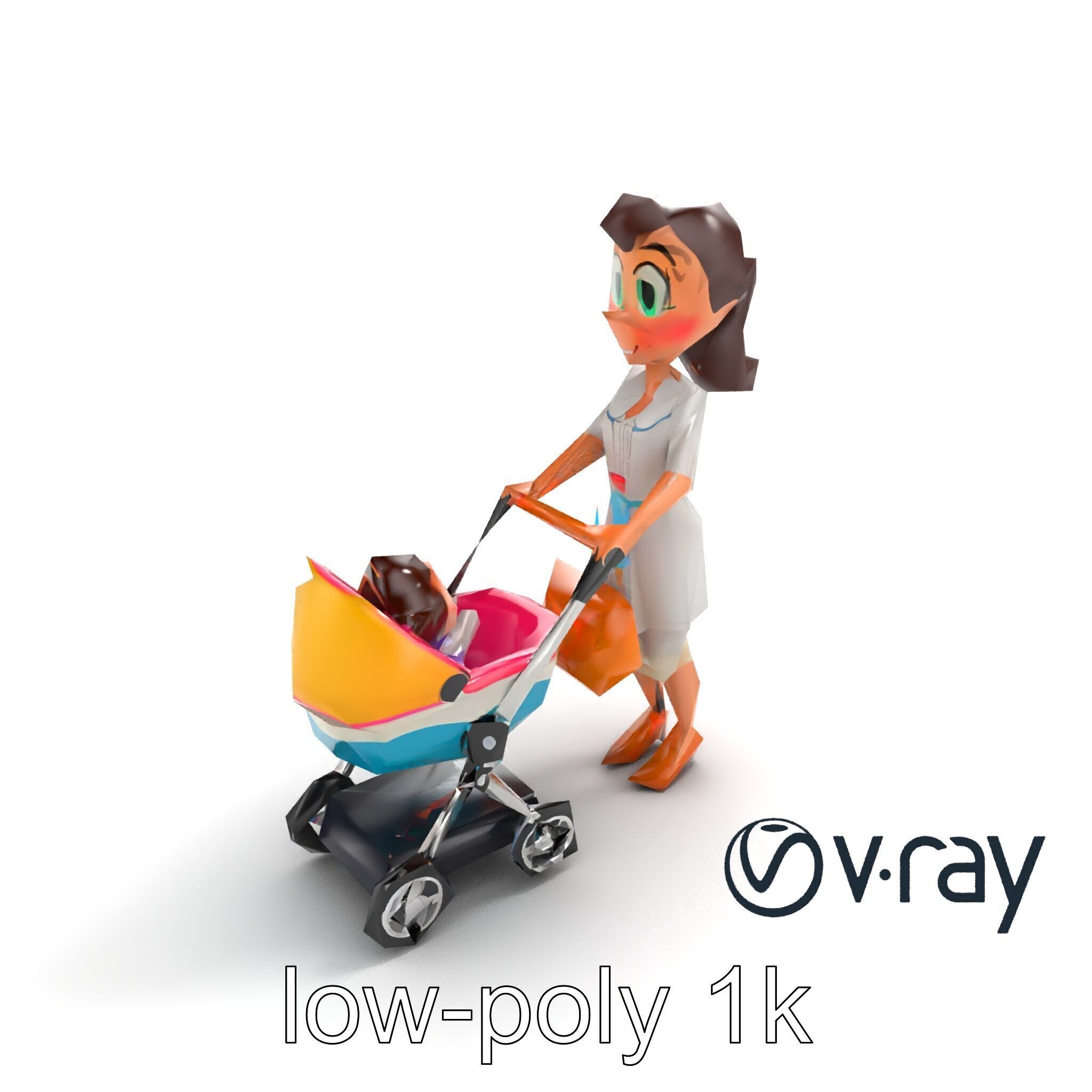 Stylized Woman and Baby with Colorful Stroller model pack Low-poly 3D model_8