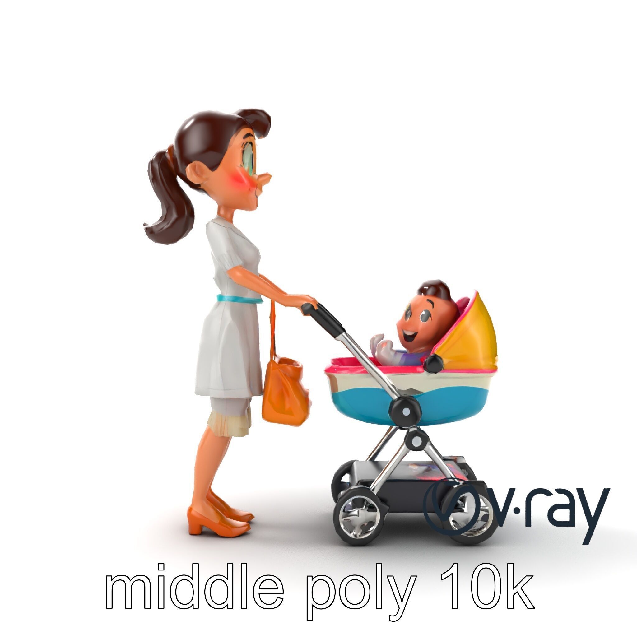 Stylized Woman and Baby with Colorful Stroller model pack Low-poly 3D model_10