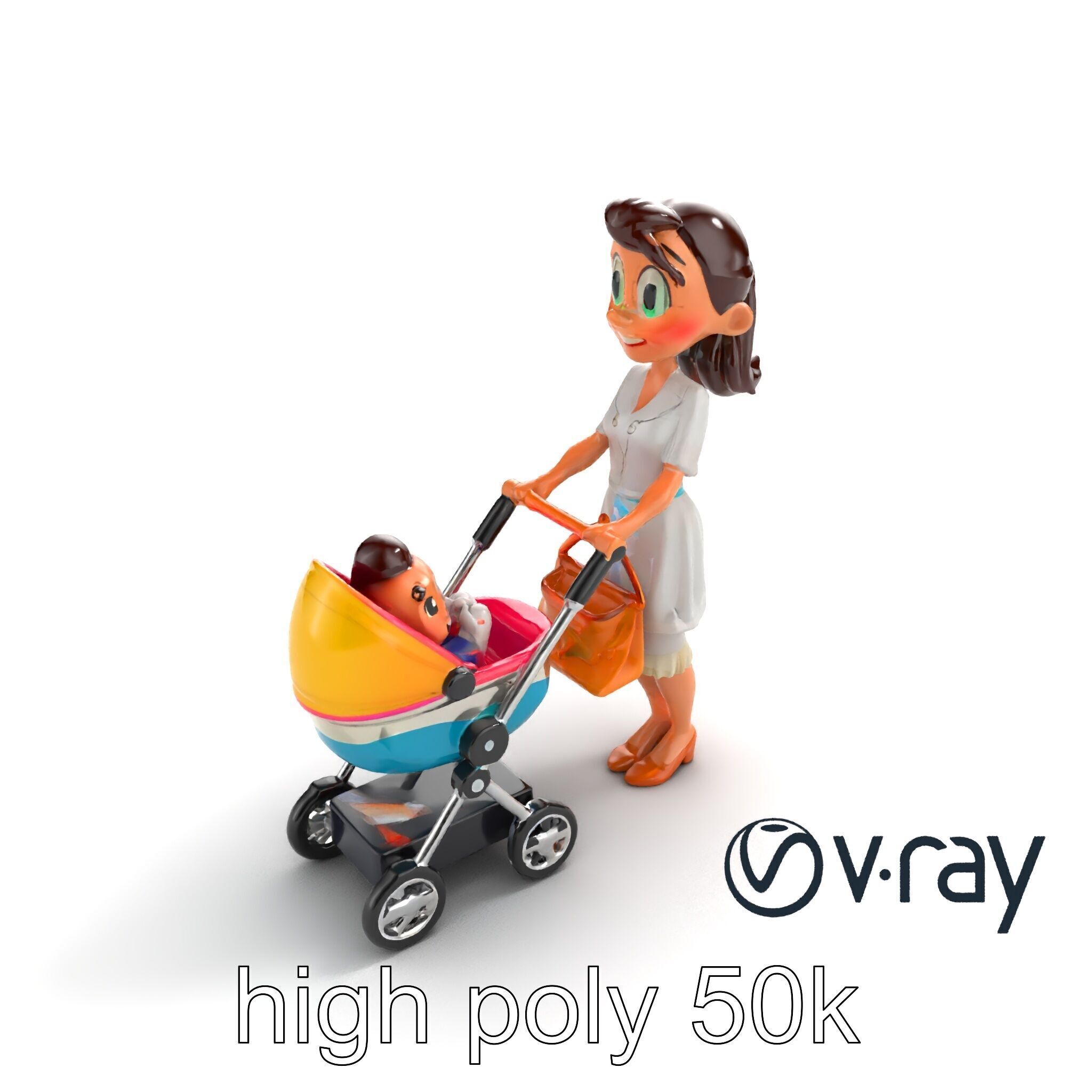 Stylized Woman and Baby with Colorful Stroller model pack Low-poly 3D model_9
