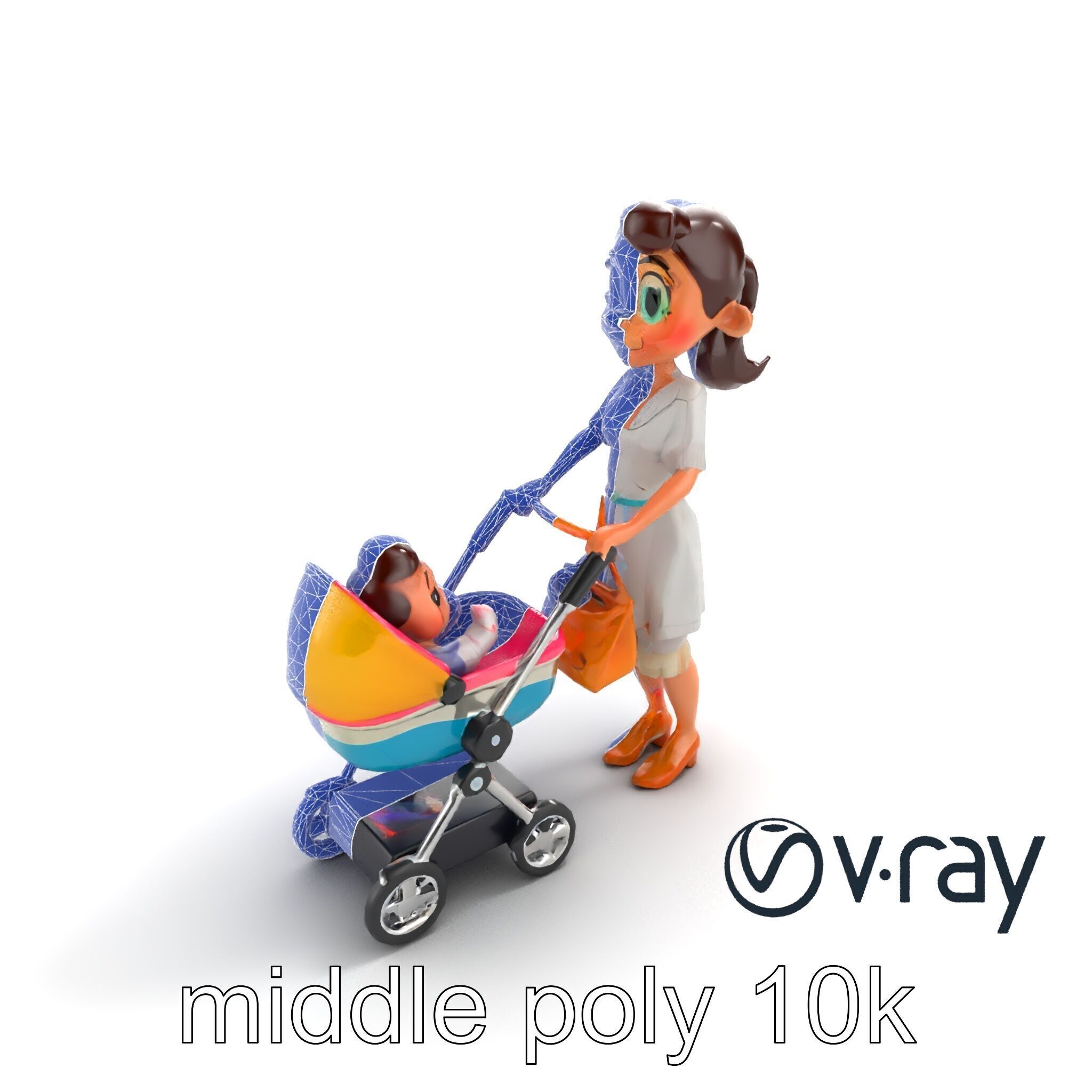 Stylized Woman and Baby with Colorful Stroller model pack Low-poly 3D model_24