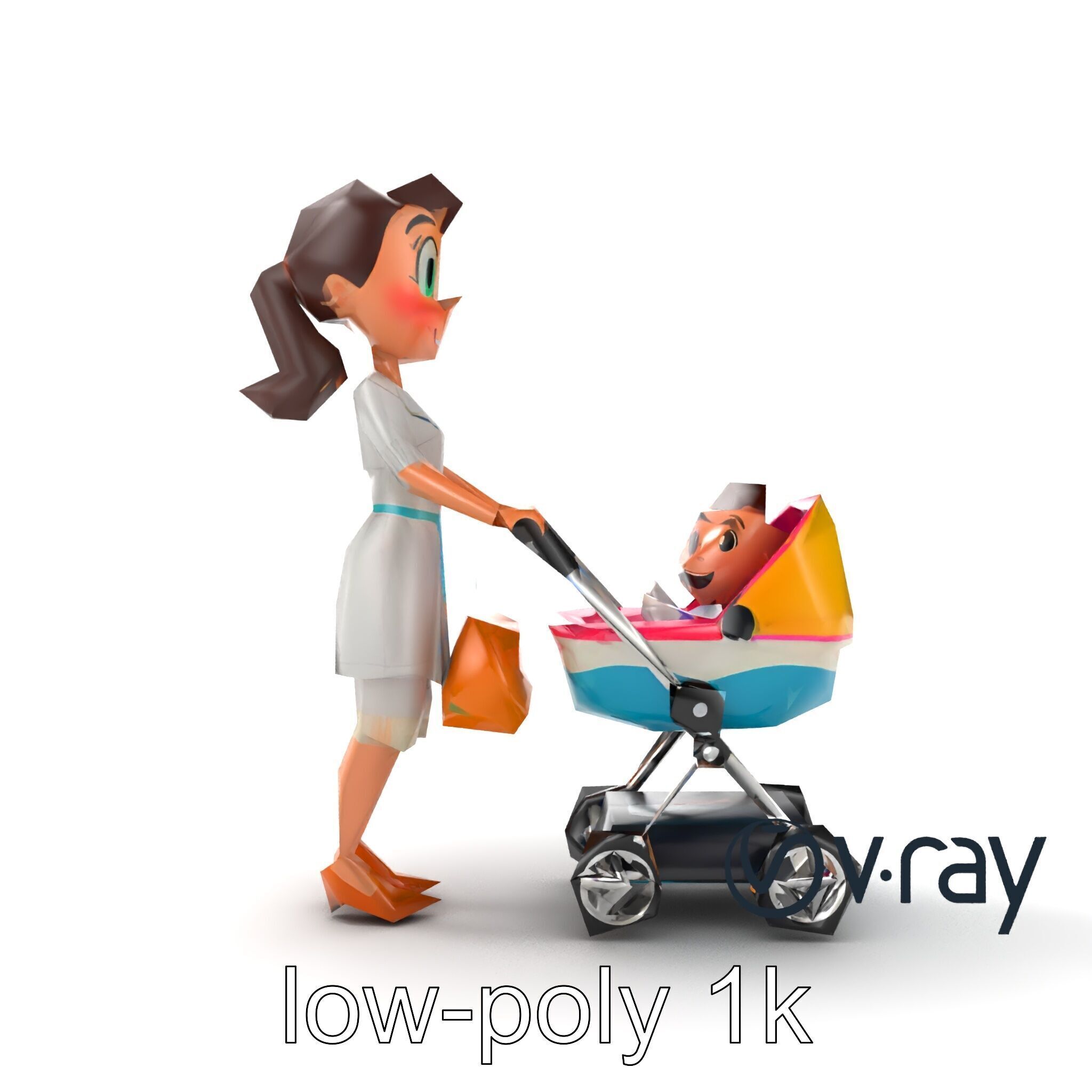 Stylized Woman and Baby with Colorful Stroller model pack Low-poly 3D model_19