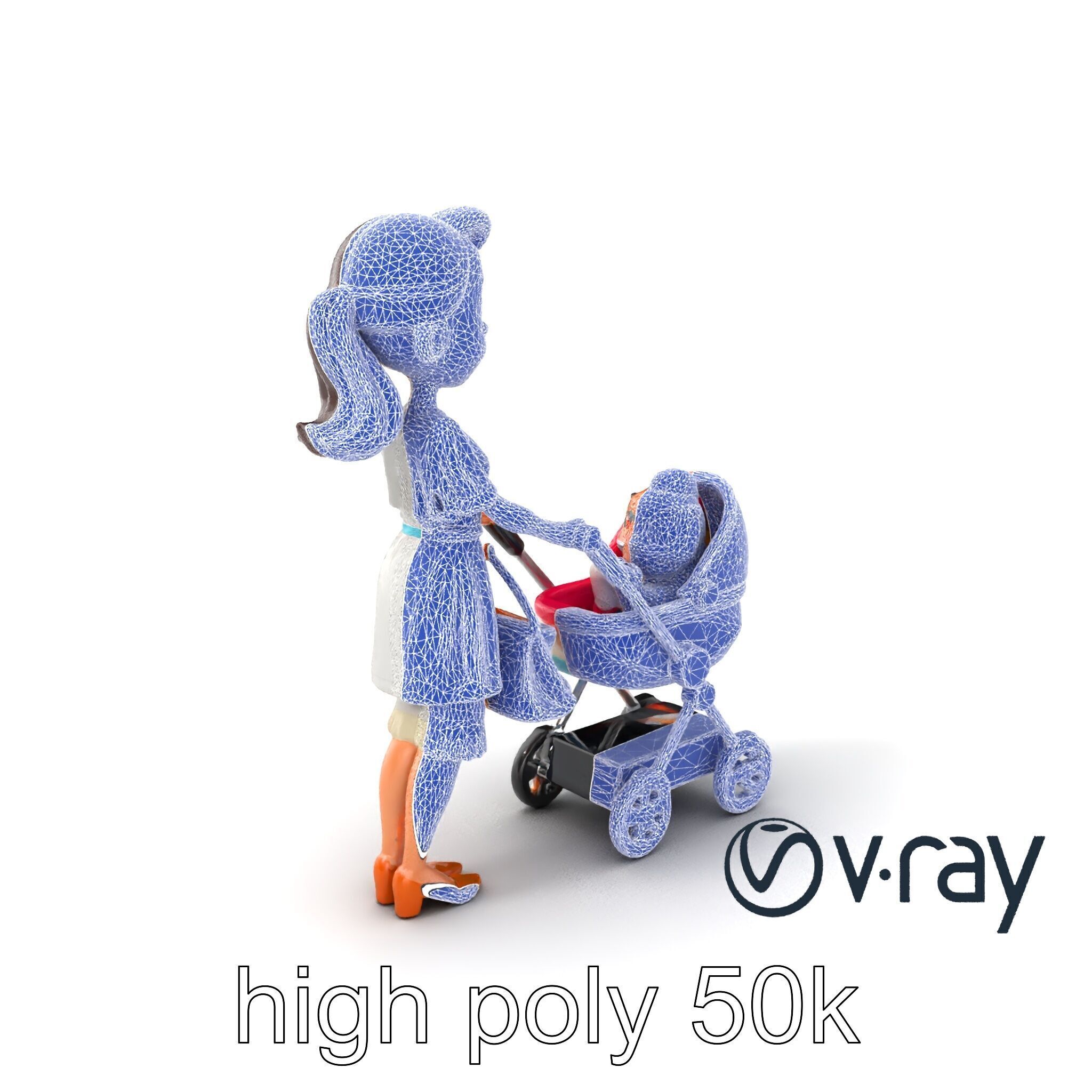 Stylized Woman and Baby with Colorful Stroller model pack Low-poly 3D model_11