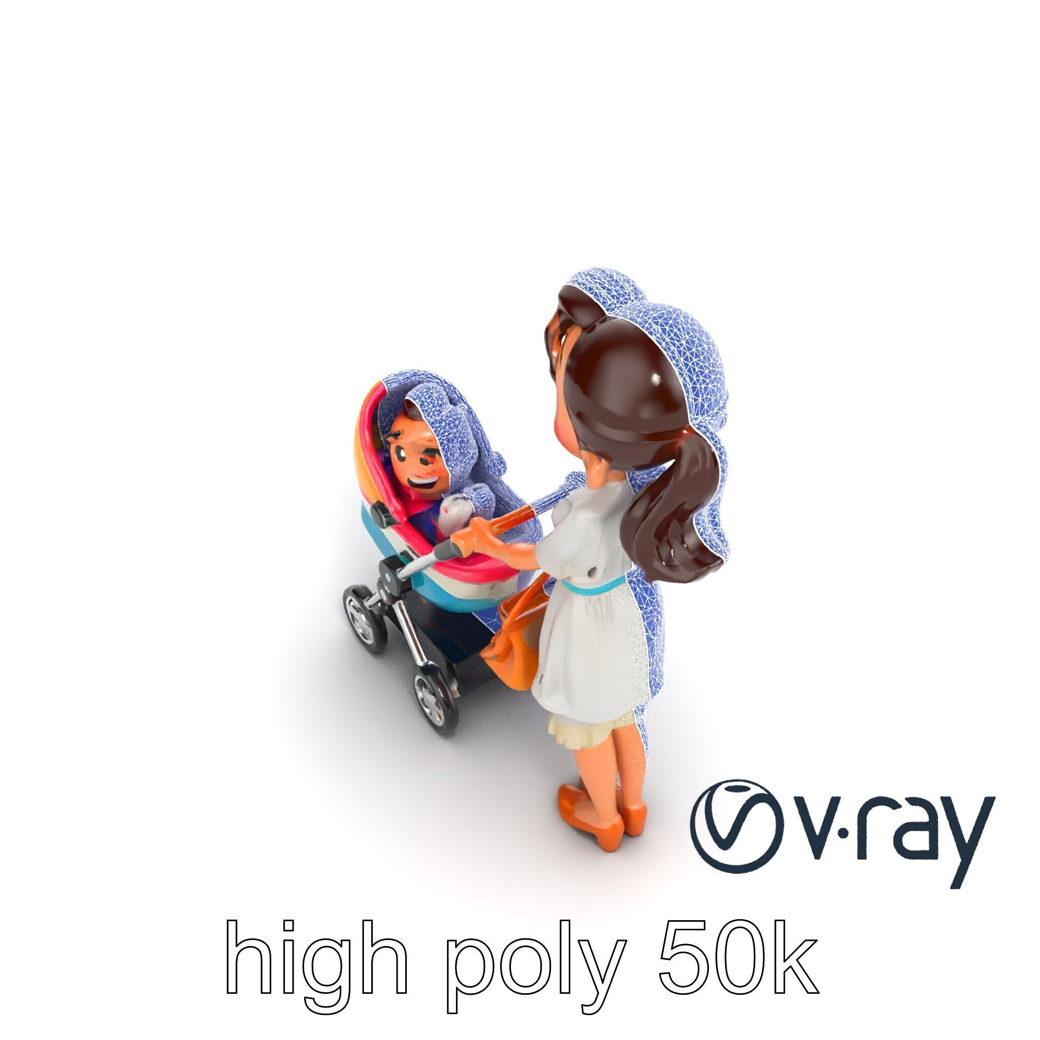 Stylized Woman and Baby with Colorful Stroller model pack Low-poly 3D model_14