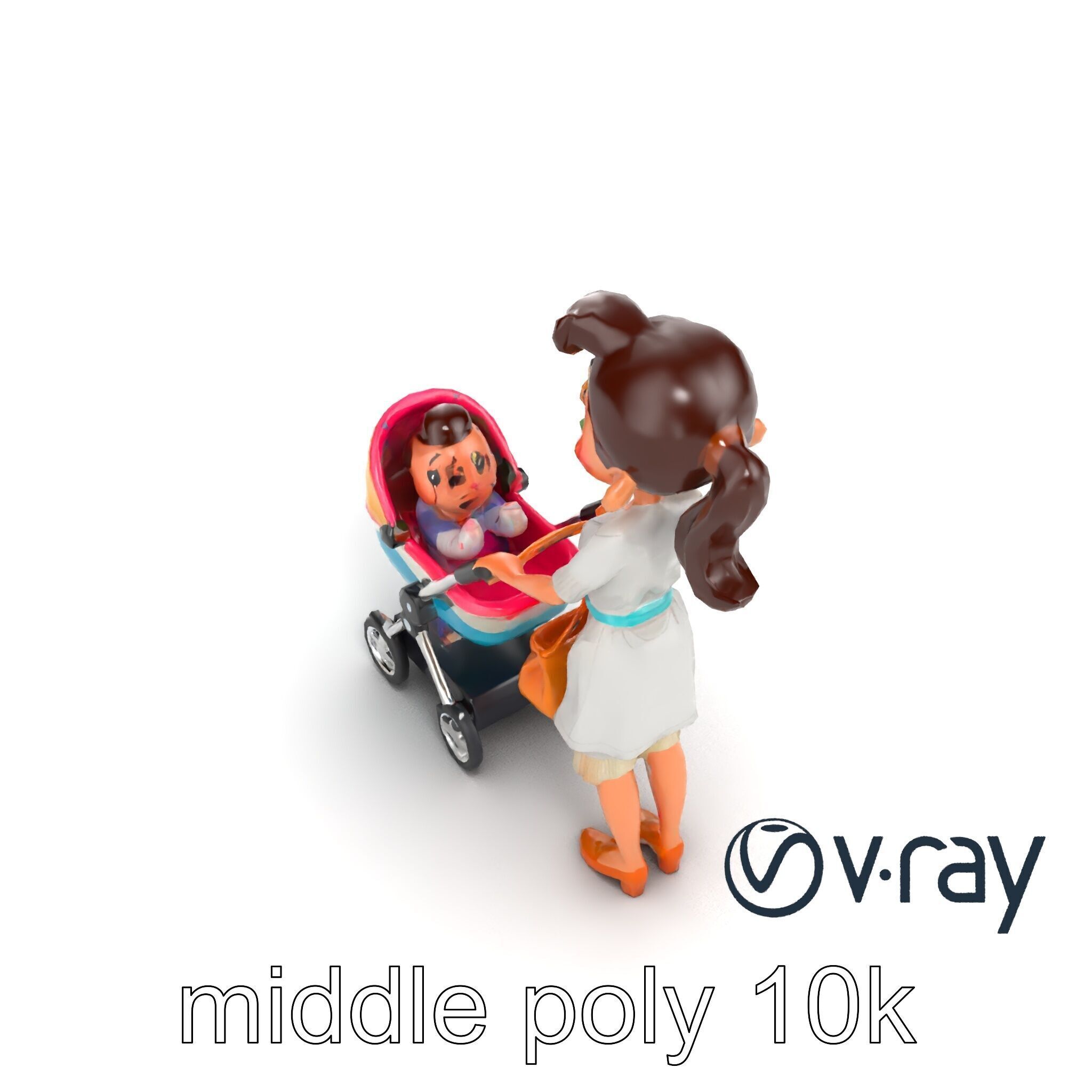 Stylized Woman and Baby with Colorful Stroller model pack Low-poly 3D model_7