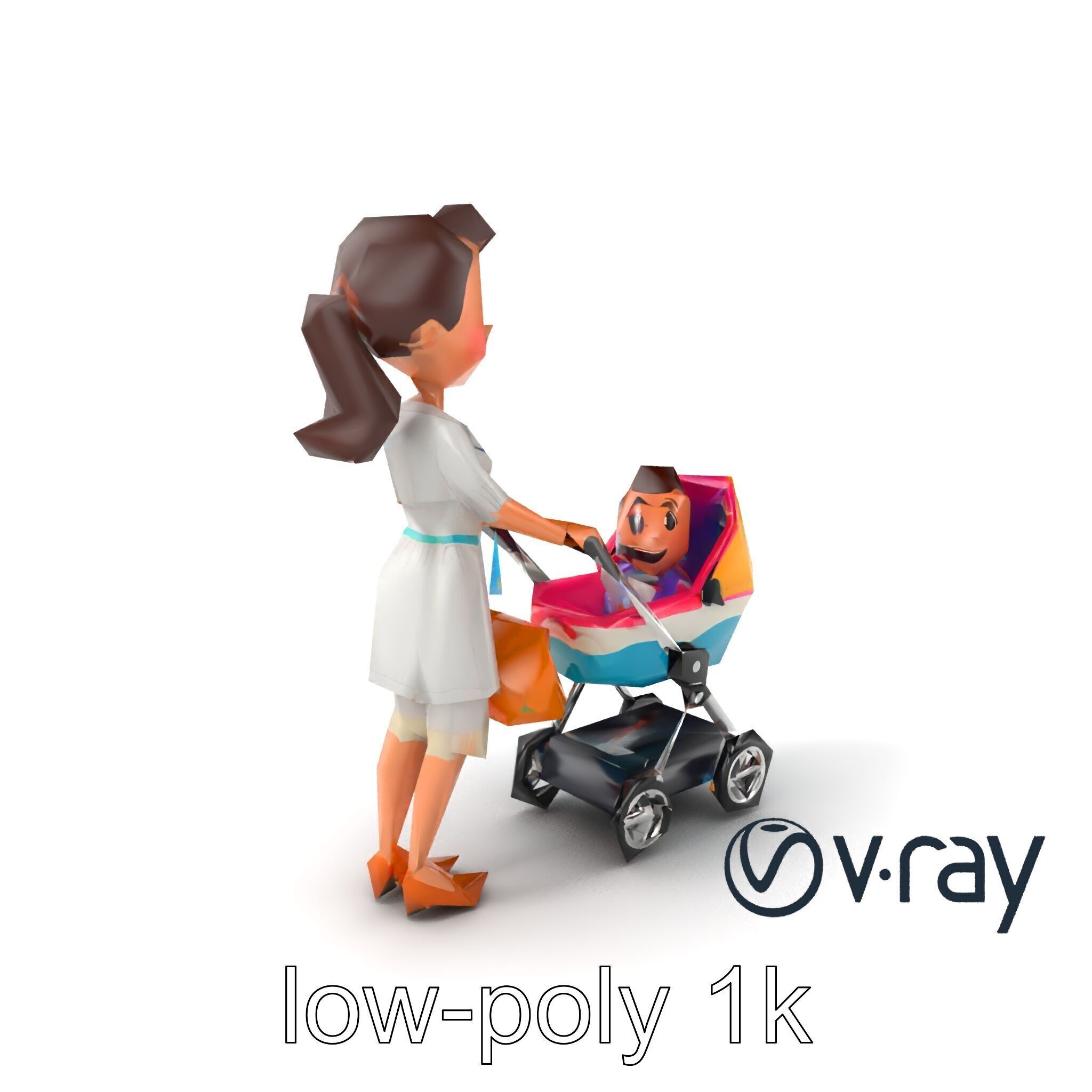 Stylized Woman and Baby with Colorful Stroller model pack Low-poly 3D model_2
