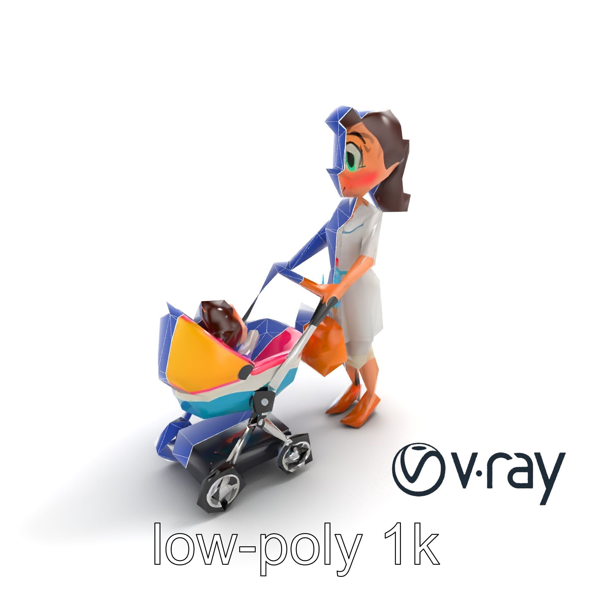 Stylized Woman and Baby with Colorful Stroller model pack Low-poly 3D model_12