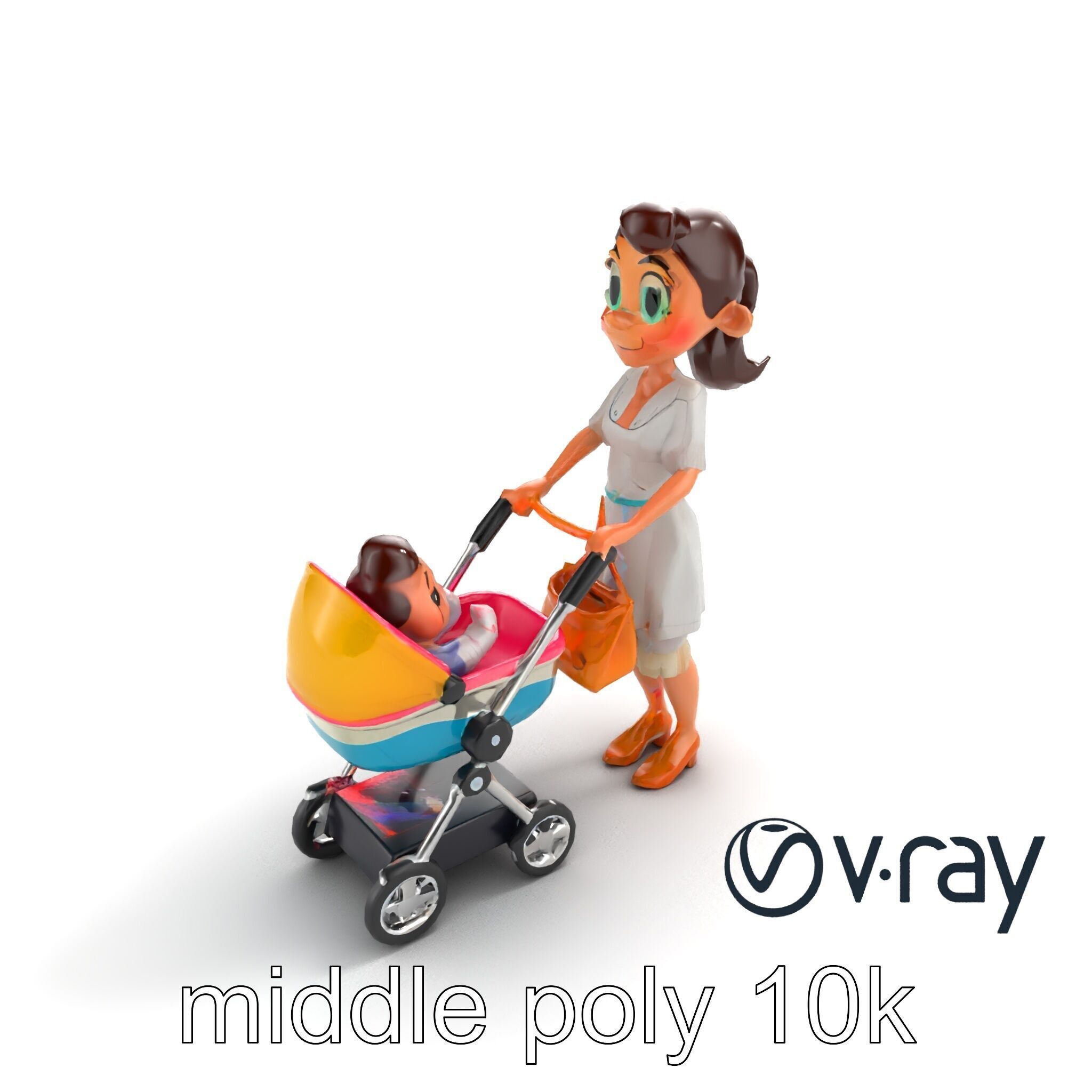 Stylized Woman and Baby with Colorful Stroller model pack Low-poly 3D model_4