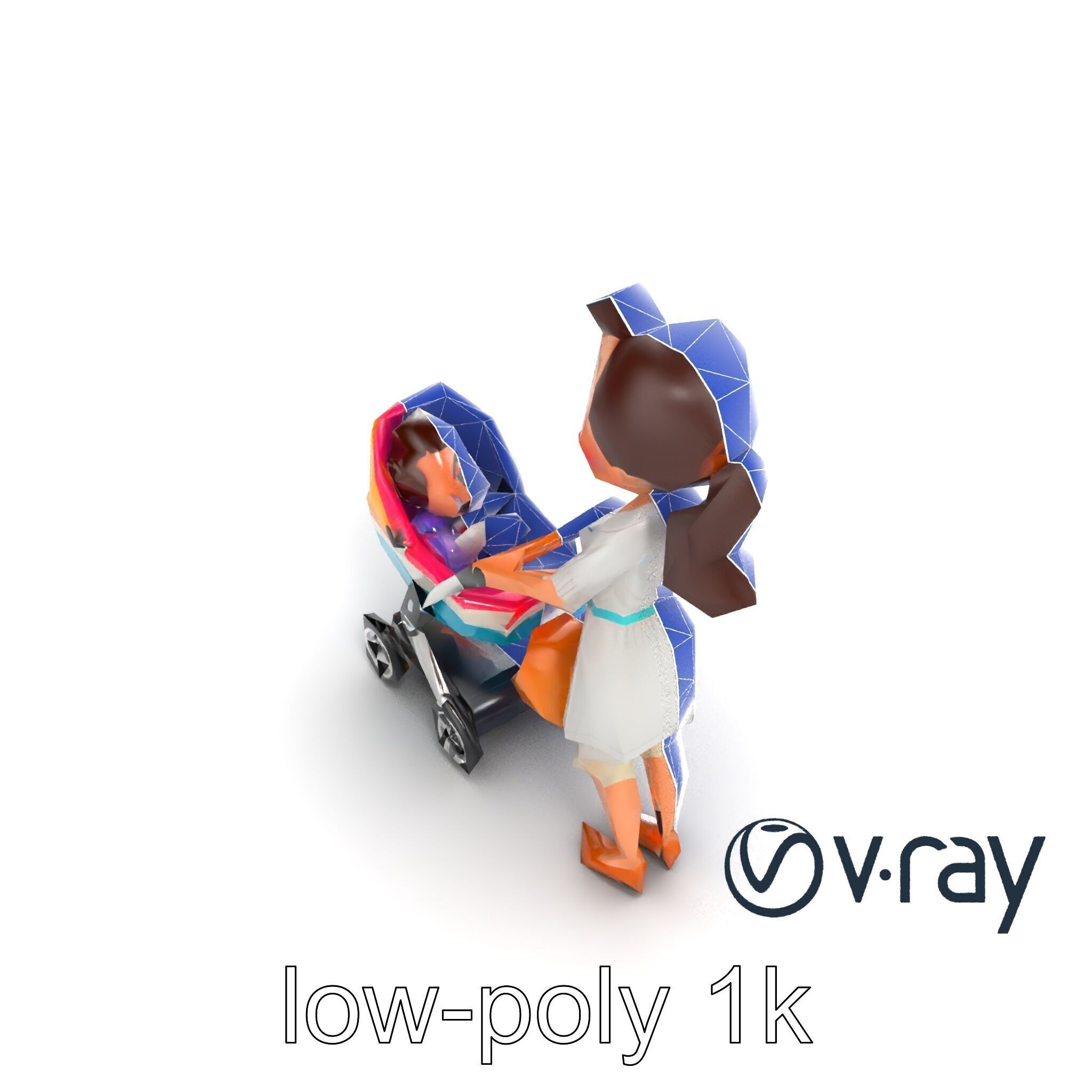 Stylized Woman and Baby with Colorful Stroller model pack Low-poly 3D model_22