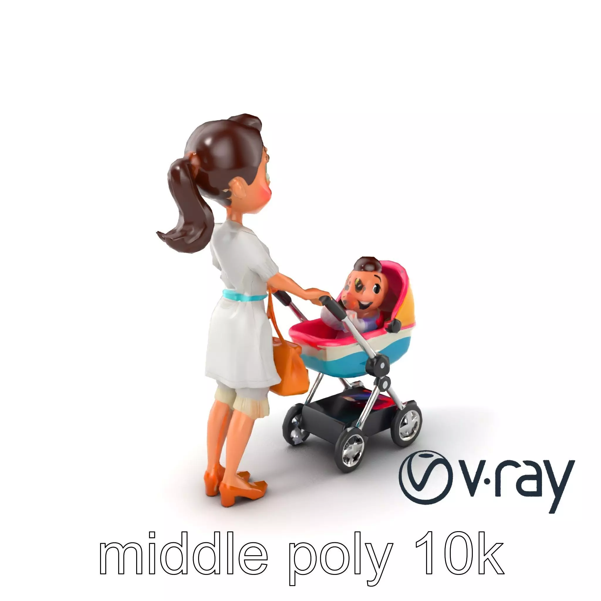 Stylized Woman and Baby with Colorful Stroller model pack Low-poly 3D model_0