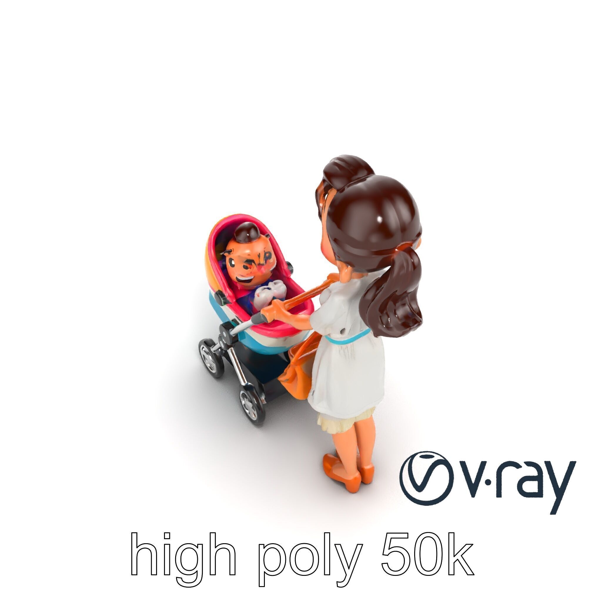 Stylized Woman and Baby with Colorful Stroller model pack Low-poly 3D model_16