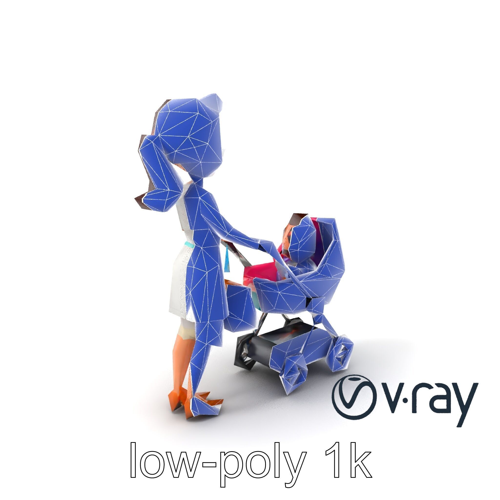 Stylized Woman and Baby with Colorful Stroller model pack Low-poly 3D model_5