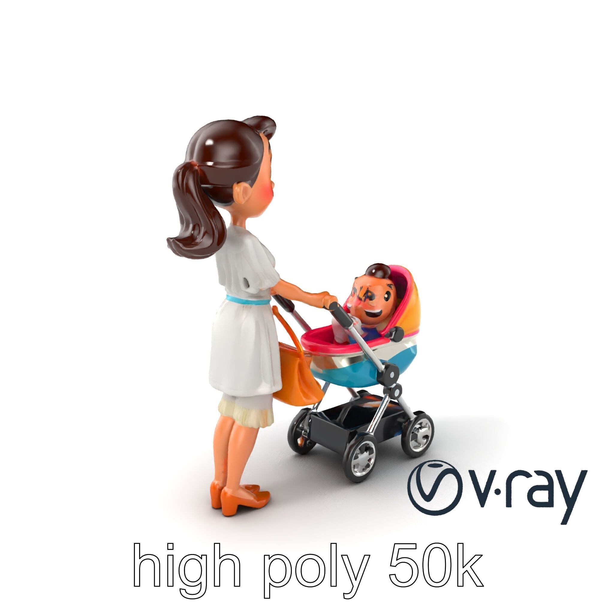 Stylized Woman and Baby with Colorful Stroller model pack Low-poly 3D model_6