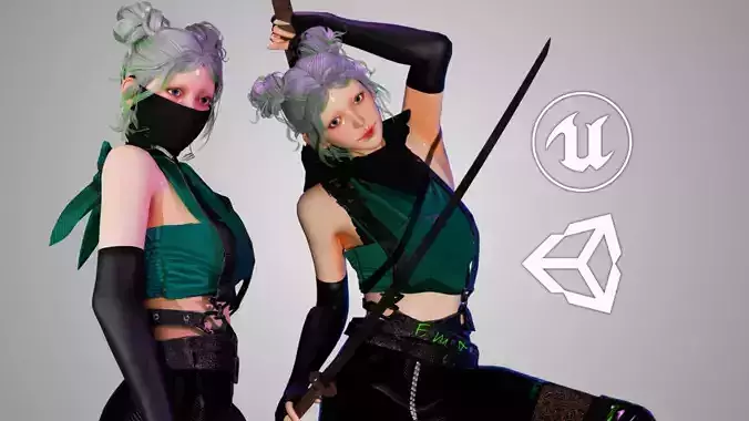 Cyberpunk Ninja Girl - GameReady Low-poly 3D model