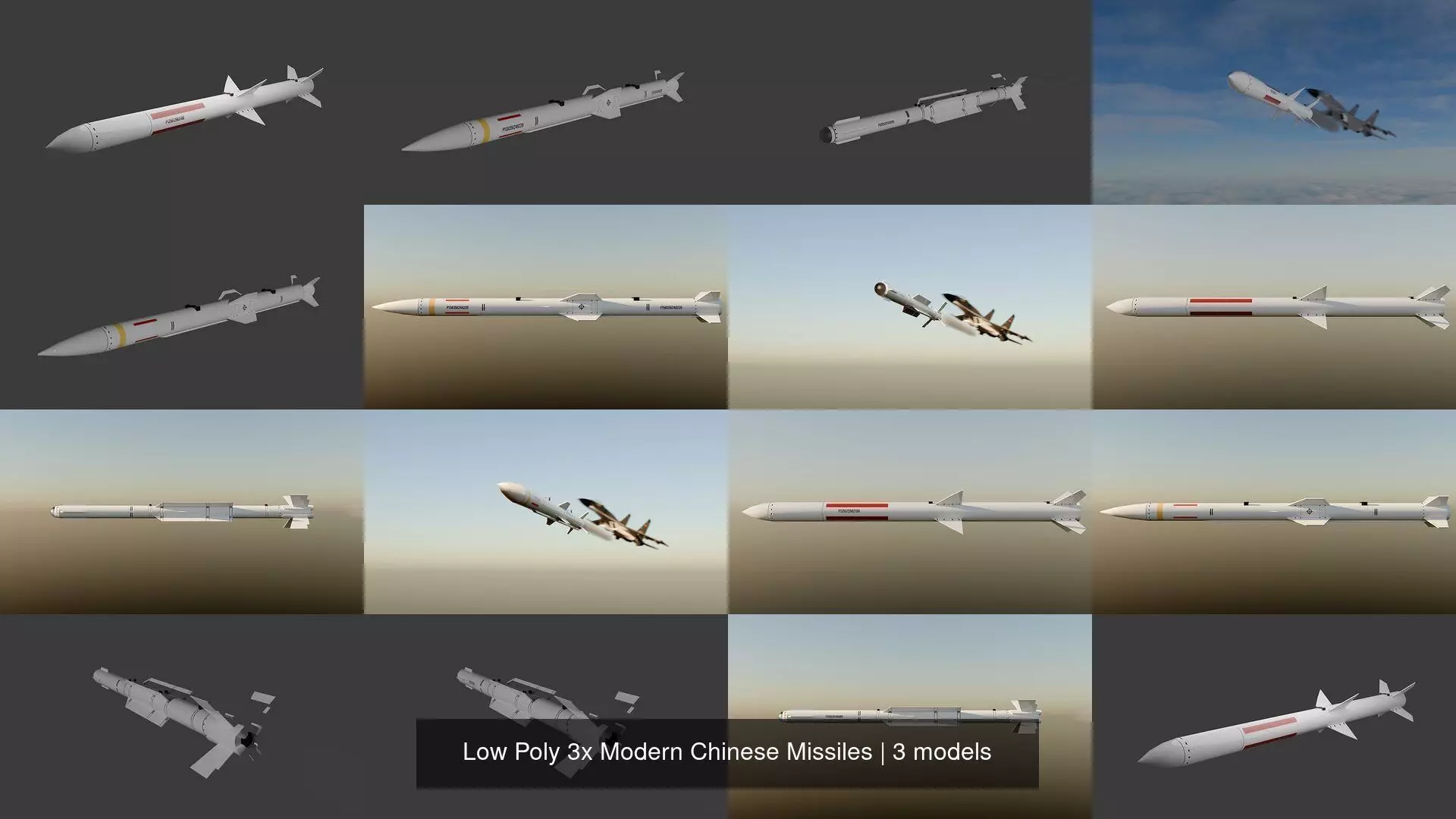 Low Poly 3x Modern Chinese Missiles 3D Model Collection_1