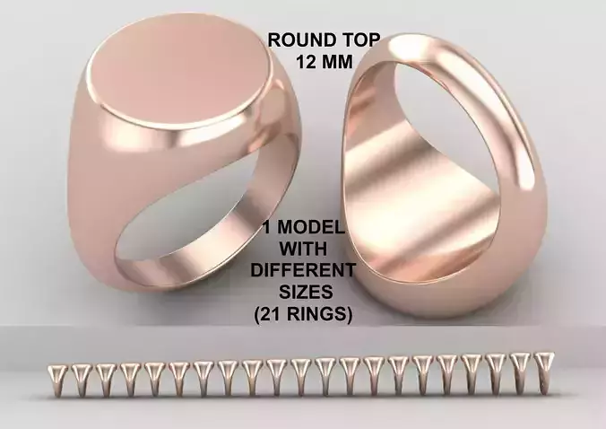 Round Signet Ring Base 12MM top in All sizes 162-MWC 3D print model