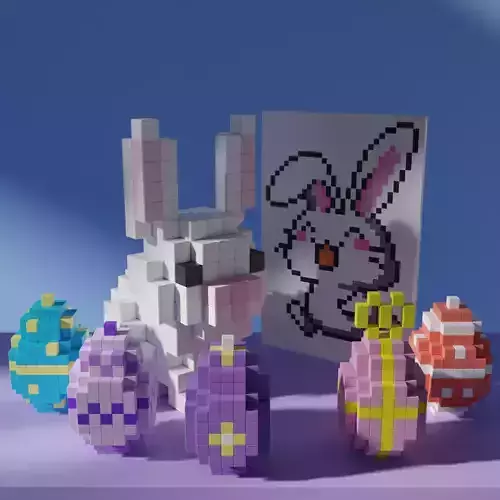 Easter Bunny with Colorful Eggs Voxel Stylized Cubic