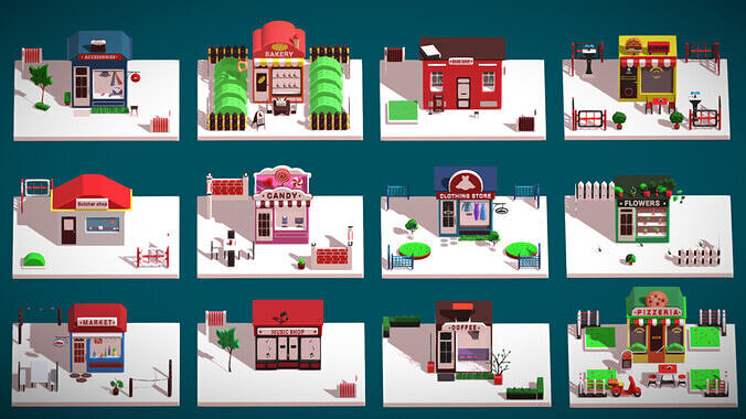 Cartoon Buildings Low-poly 3D model