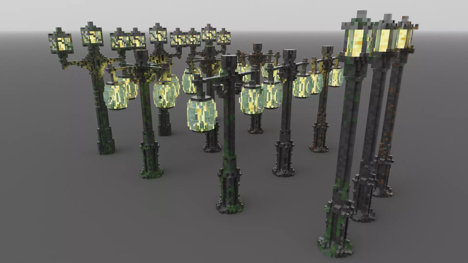 Modular Voxel Street Lights Bundle 3 Styles Clean Rusted Mossy Low-poly 3D model
