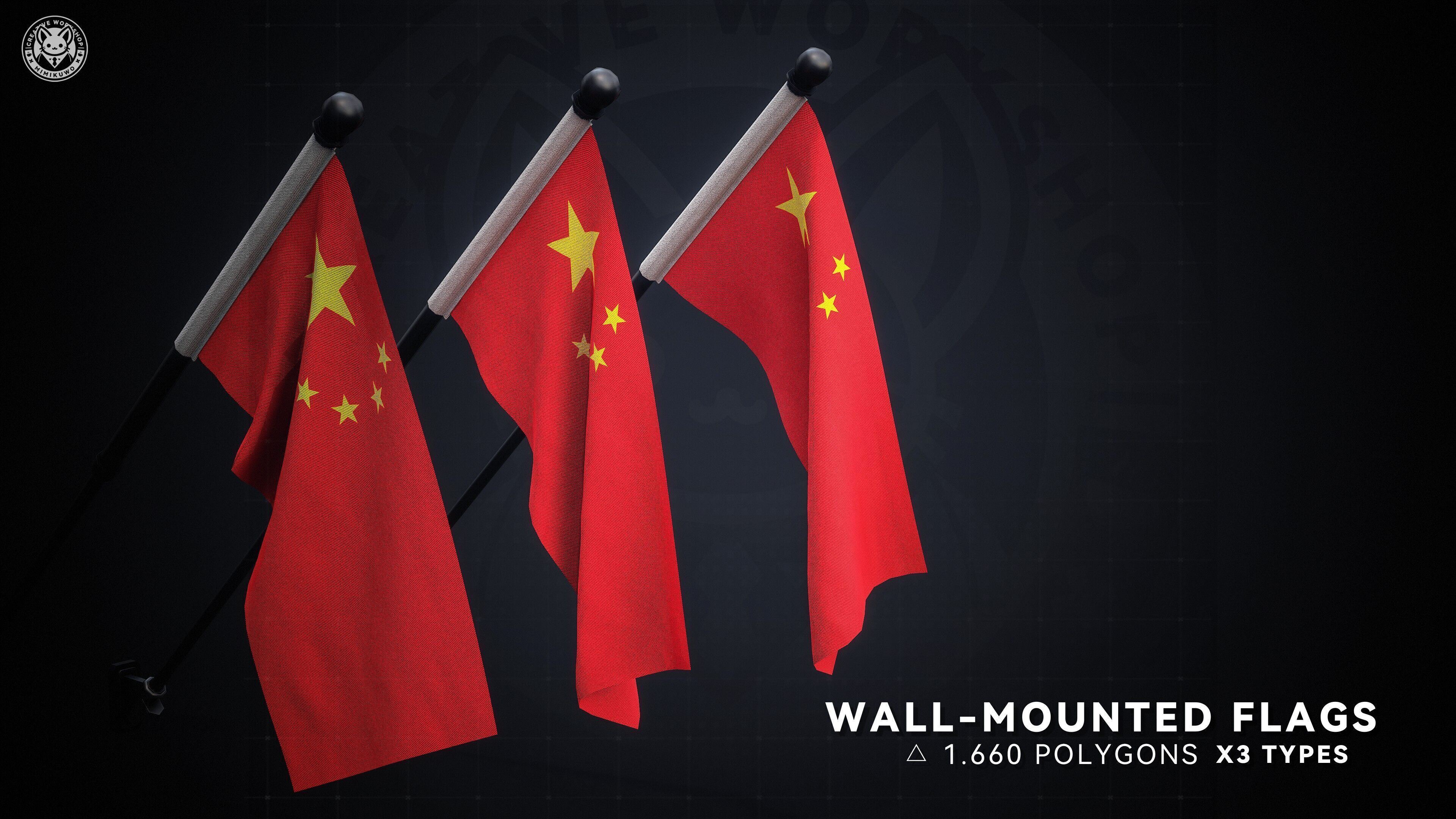 China Flag  Pack chinese Flag  Low-poly  3D model Game Read Low-poly 3D model_3