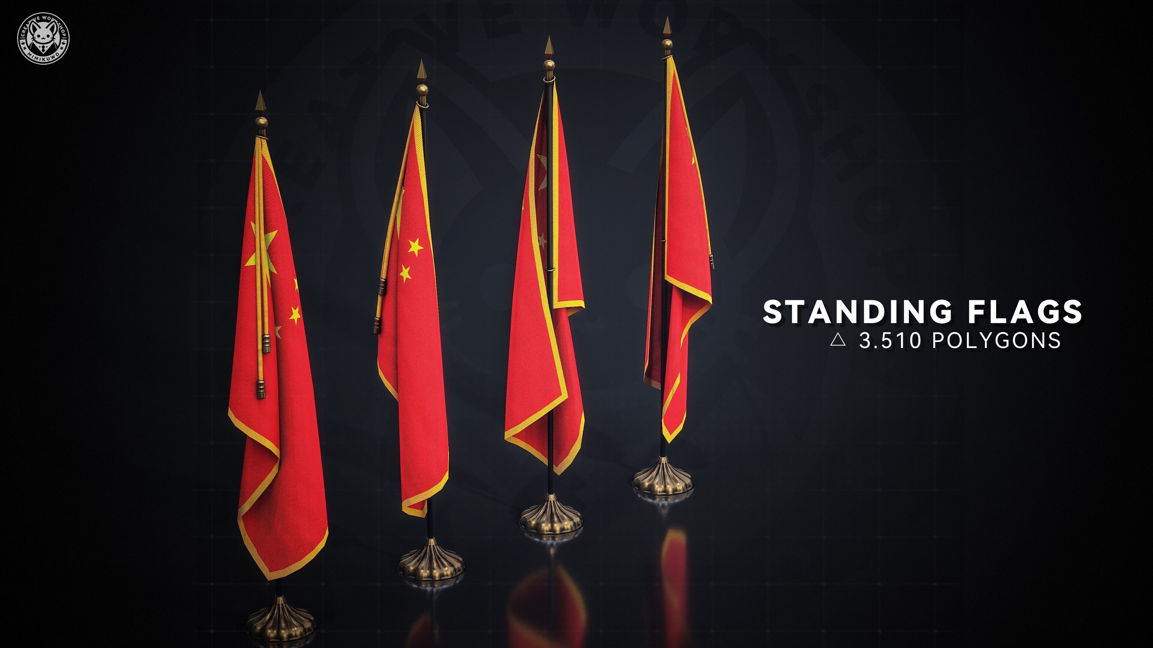 China Flag  Pack chinese Flag  Low-poly  3D model Game Read Low-poly 3D model_1