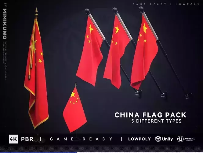 China Flag  Pack chinese Flag  Low-poly  3D model Game Read