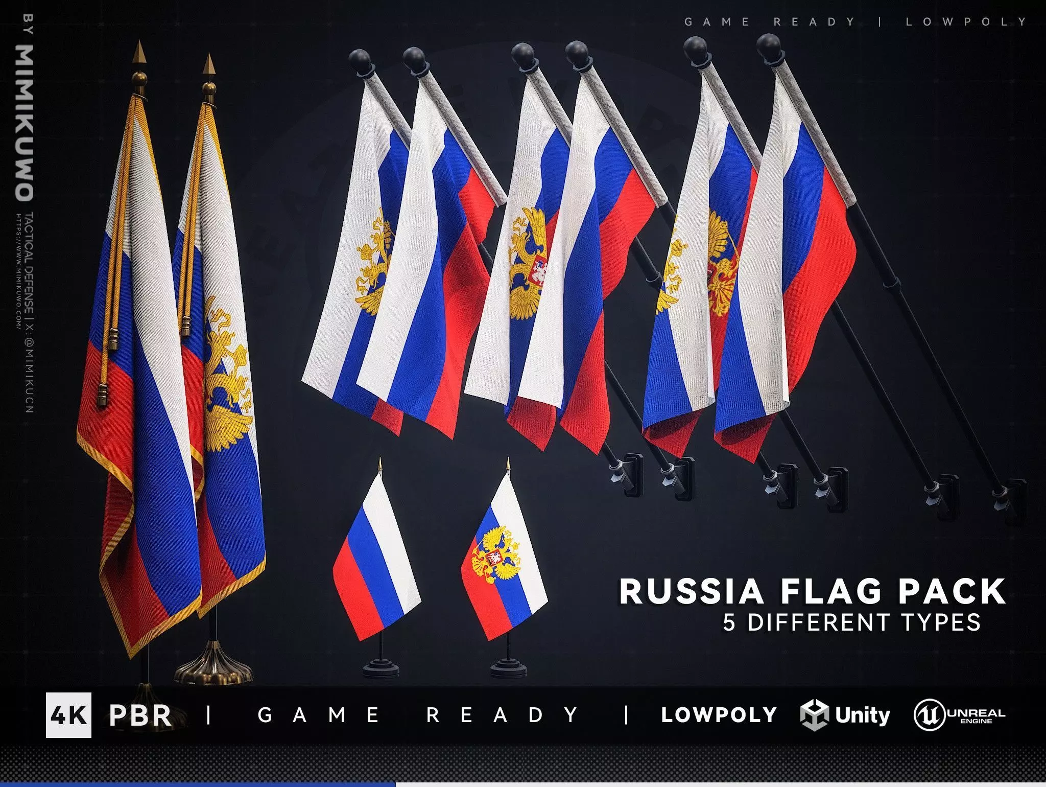 Russia FLAG Pack Low-poly 3D model Game Read Low-poly 3D model